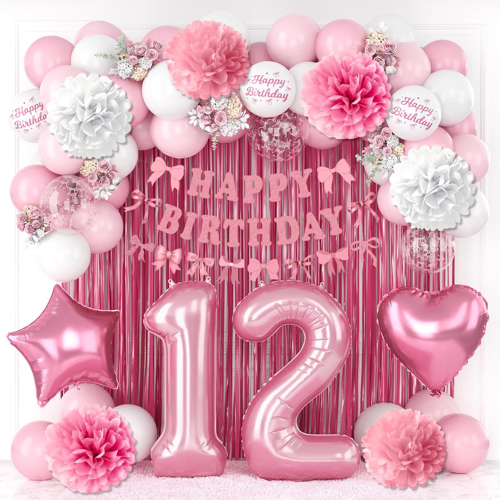 12th Birthday Decorations Girls Pink Number 12 Balloon Bow Coquette Party