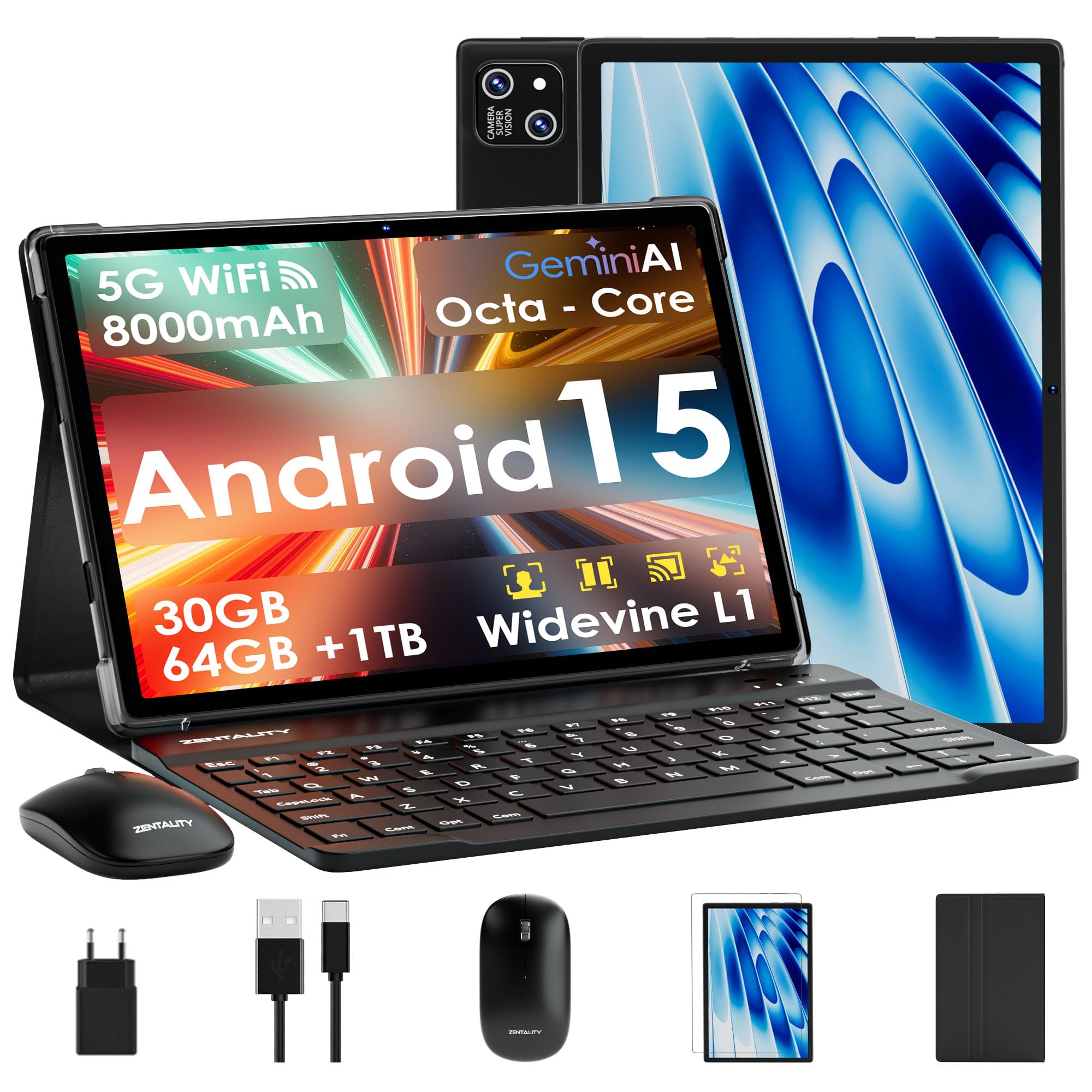 ZENTALITY 2026 Neuestes 10 Zoll Tablet Android 15 【30 GB RAM + 64GB ROM+2TB】【Gemini AI】 Widevine L1, Octa Core, 8000 mAh, 8 MP + 13MP, Bluetooth 5.0