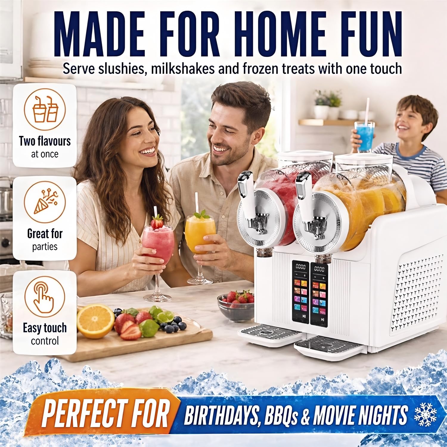 Máquina De Granizados De 430 W, 2 L*2, con Temperatura Ajustable, Pantalla LED, Autolimpieza Y 7 Funciones para Preparar Bebidas Frías: Helados, Frappés, Batidos Y Margaritas Frías. White