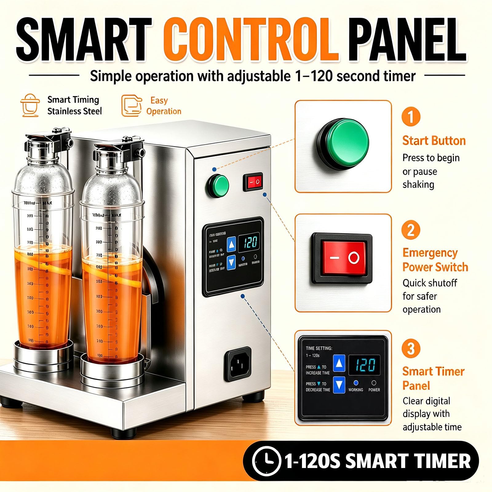 Shaker Automatico a Doppia Stazione, Motore Ad Alta Coppia da 120 W, 400 Giri/Min, Timer da 0 a 120 Secondi, Frullatore Elettrico per Bubble Tea, Cocktail E Succhi di Frutta.
