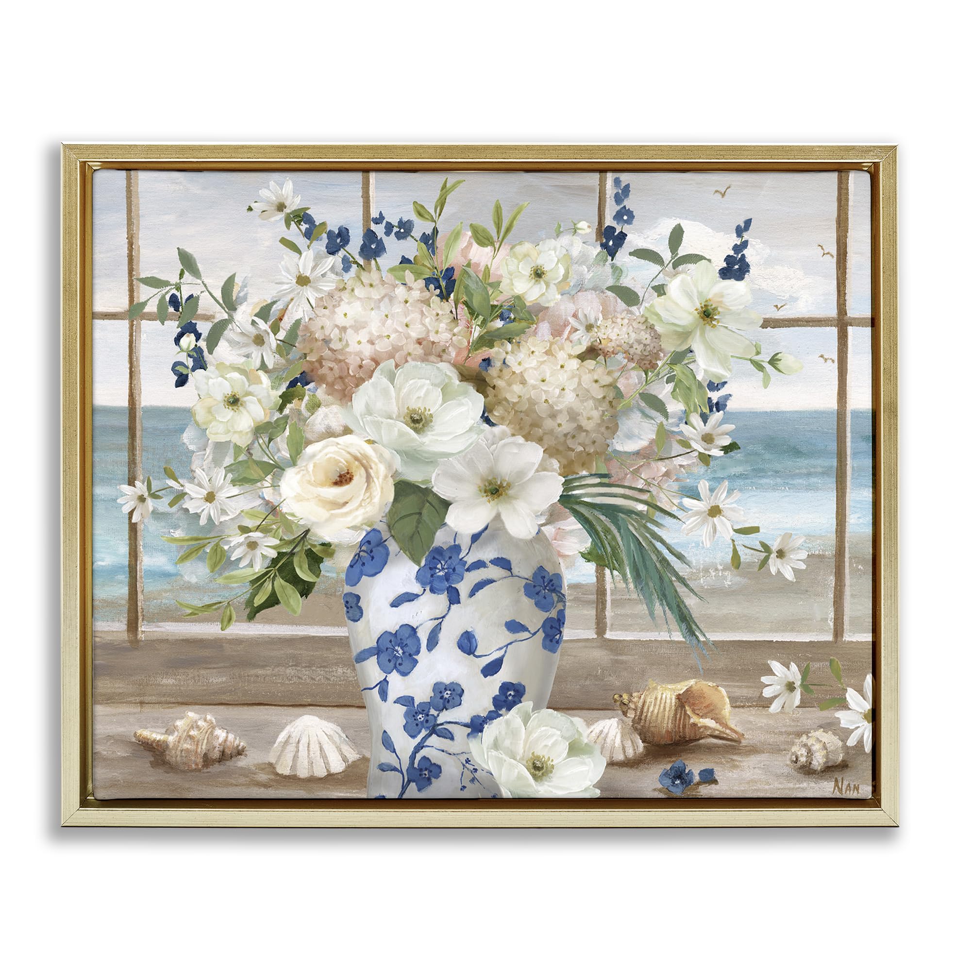 Stupell Industries 'Seashells & Flowers Windowsill', Floating Frame Canvas Art, Gold, 31 x 25 Inches, Easy to Hang and Sturdy, Made in USA, by Nan