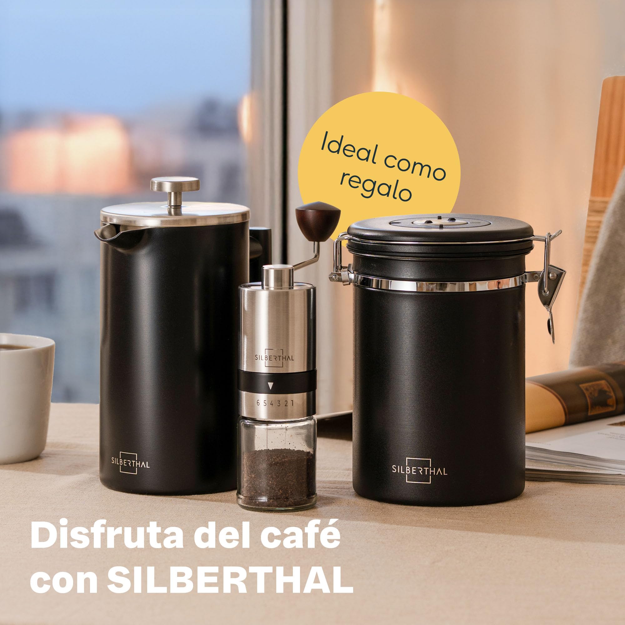 SILBERTHAL Set molinillo, cafetera francesa 1L y tarro - Inox y cristal | 6 niveles de molido - Acero inoxidable y cristal - Ideal para los amantes del café - Disfruta del café como un barista