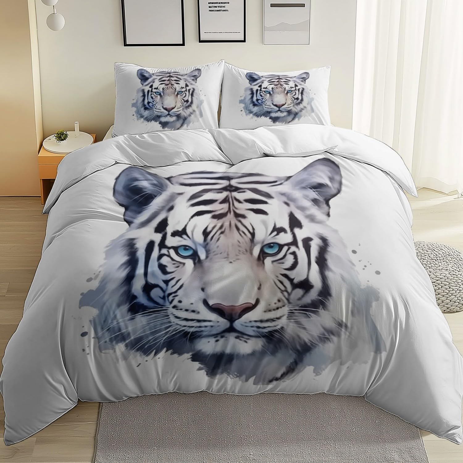 Housse de couette 240 x 260 tigre blanc parure de lit adulte microfibre avec fermeture éclair