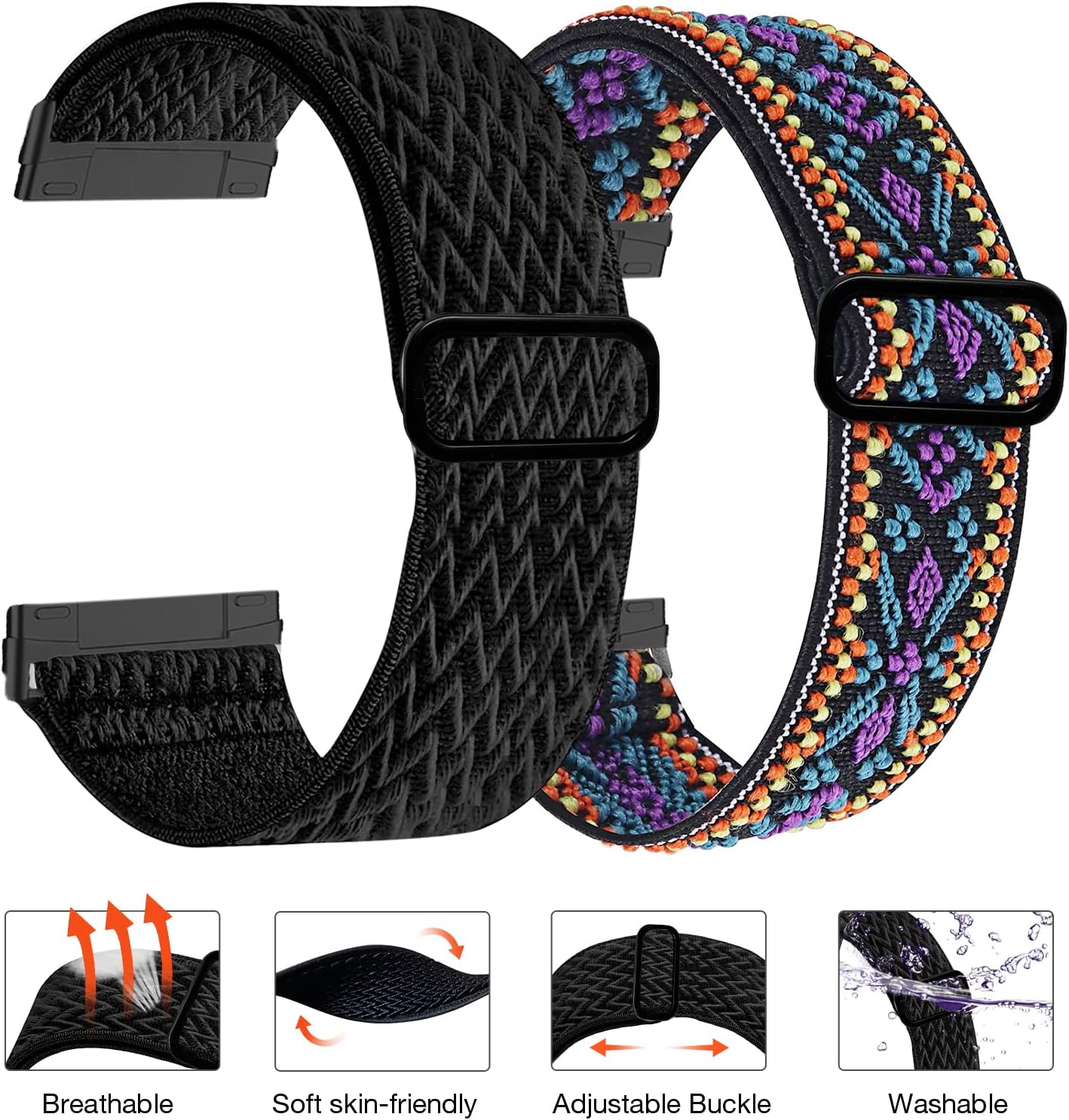 4 Pack Stretchy Bands Compatible with Fitbit Versa 3/Fitbit Versa 4/Fitbit Sense 2/Fitbit Sense Bands Women Men, Adjustable Elastic Breathable Loop Nylon Replacement Straps for Fitbit Sense & Versa 3