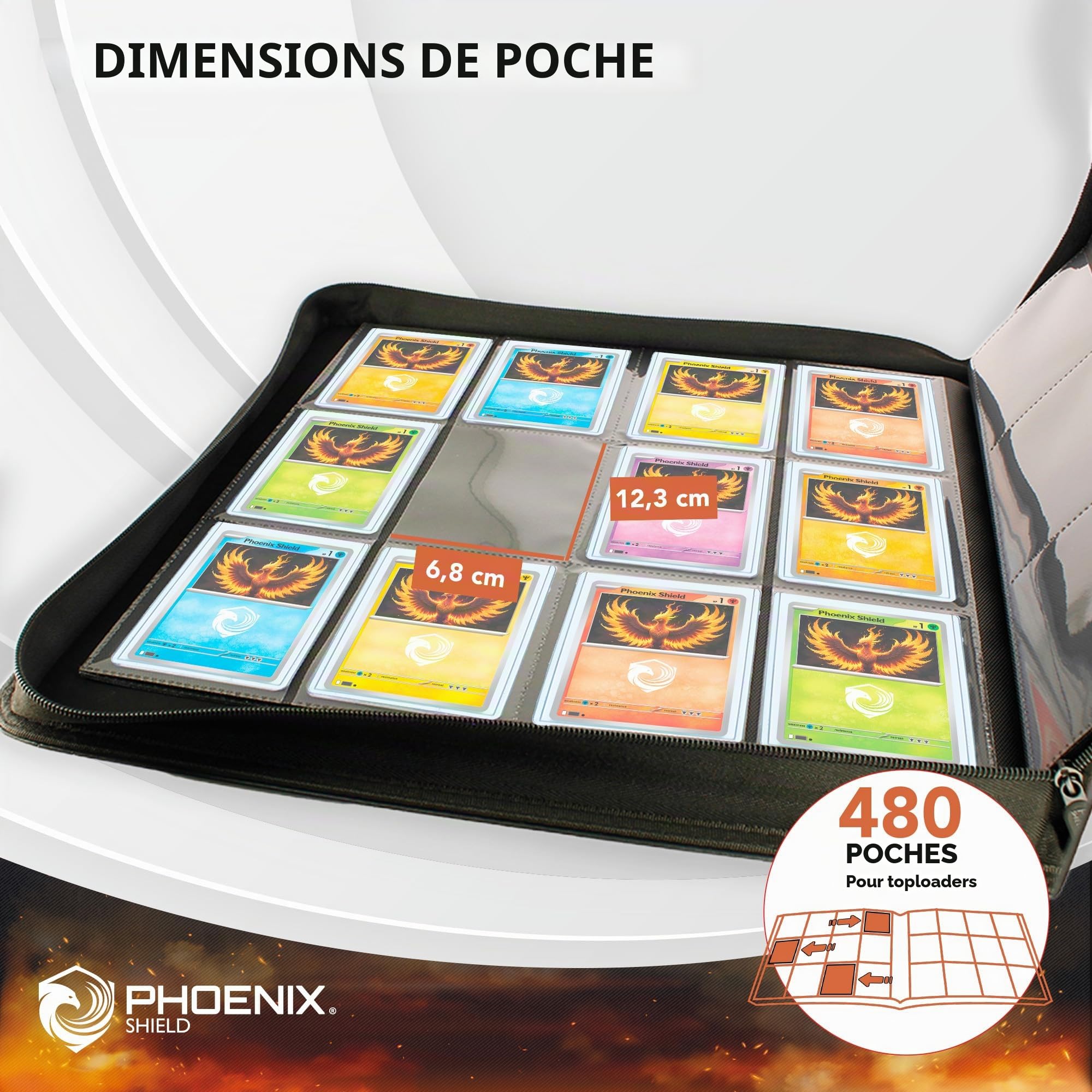 Phoenix Shield | Portfolio Premium à Fermeture Zip 9 Poches - Range 480 Cartes avec Toploader