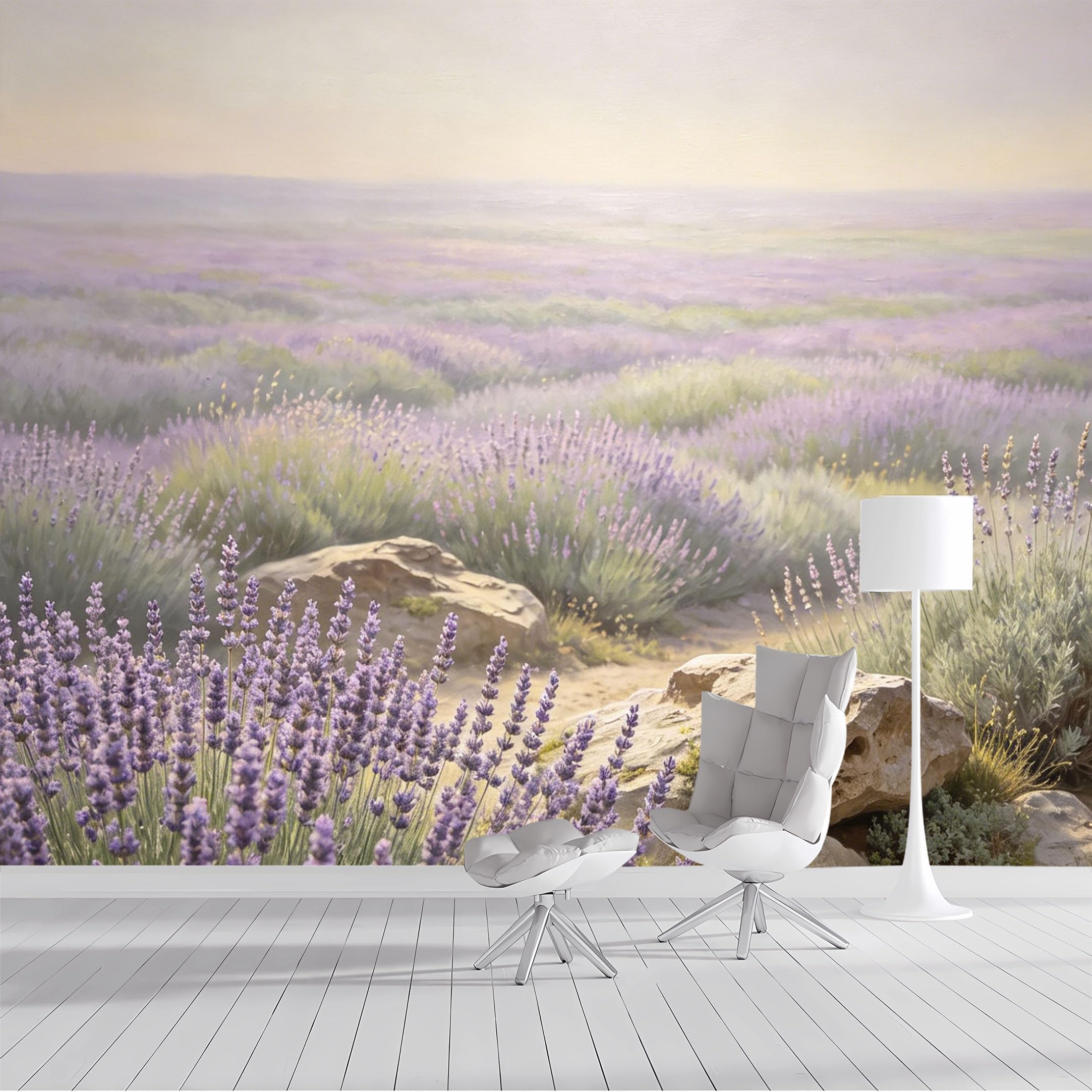 Custom Size Wall Mural Lavender Field Sunset Landscape Pastoral Oil Painting SelfAdhesive Wall Fabric Removable Peel and Stick Wallpaper Wall Decor for Living Room Bedroom Bathroom