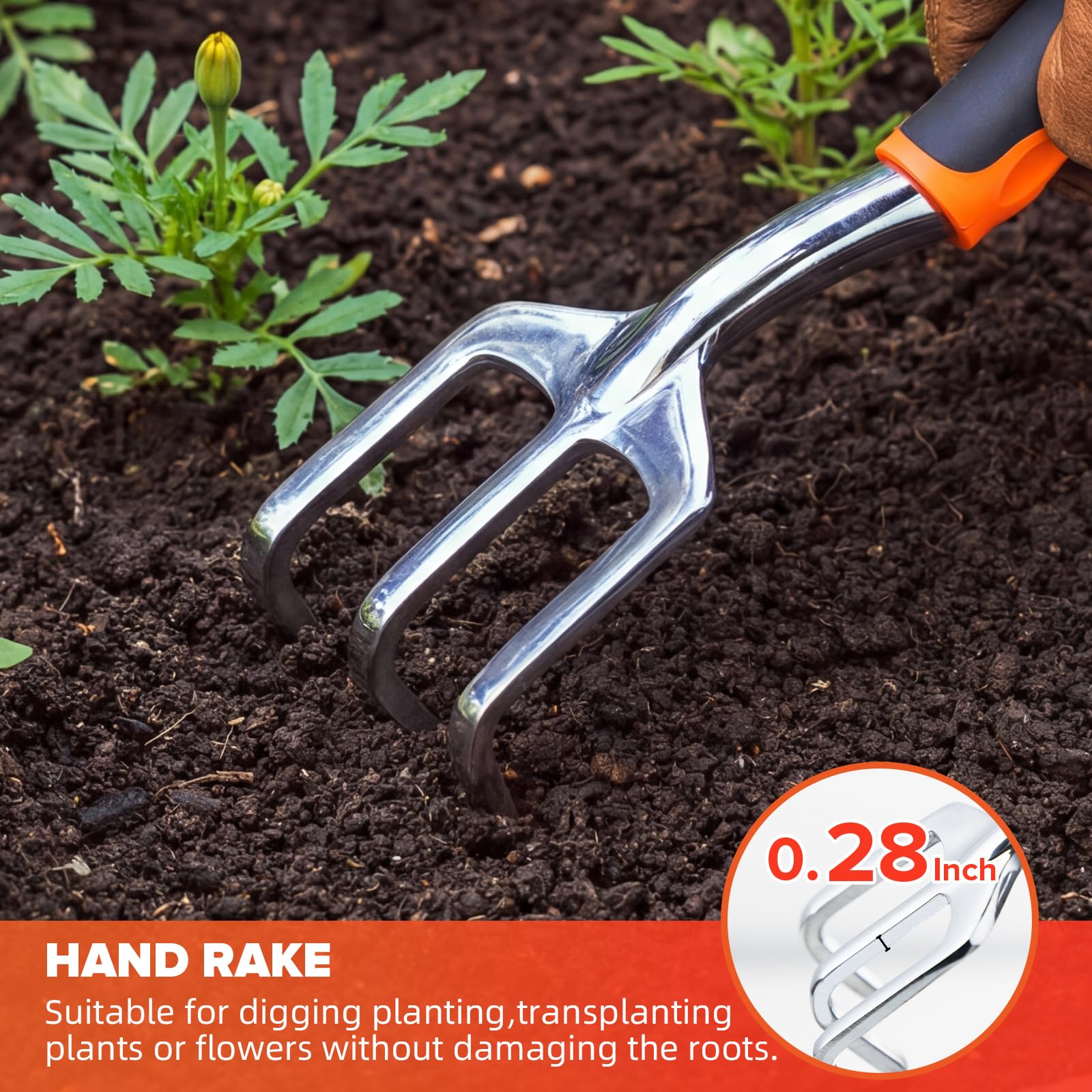 Bamworld Set di 3 Attrezzi da Giardino Resistente, Kit Giardinaggio in Lega di Alluminio con Impugnatura Ergonomica, Include Pala, Trapiantatore e Rastrello per Piantumazione e Prato, Arancione