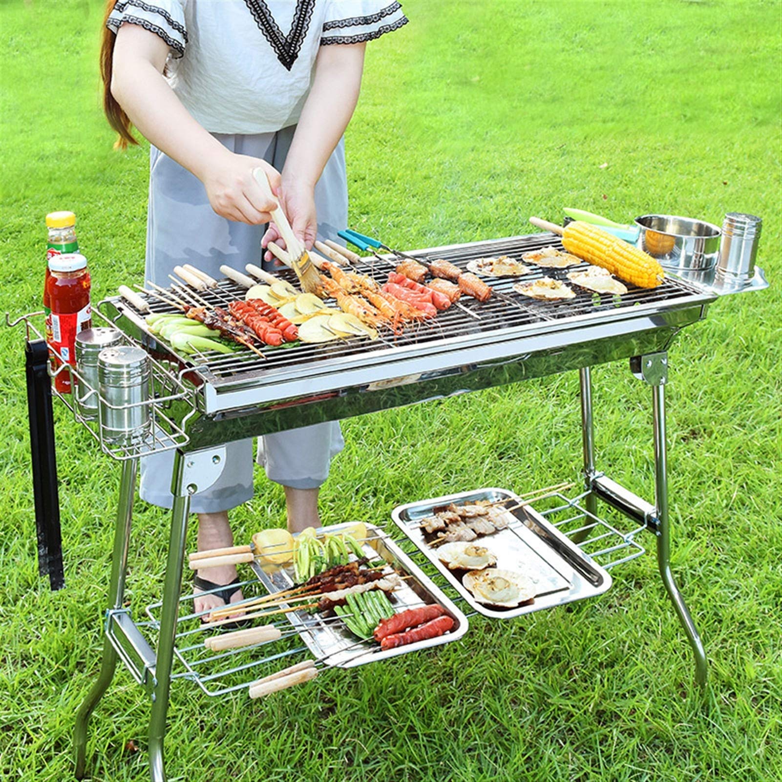 Barbecue Griglia a Carbone Portatile Pieghevole BARBANISH BARBECUE GRILL GRILL ACCIAIO INOSSIDABILE ACCIAIO INOSSIDABILE BBQ PER PICNIC GARDEN TERRAZZO Viaggi in campeggio, 3-5 persone o più Utensile