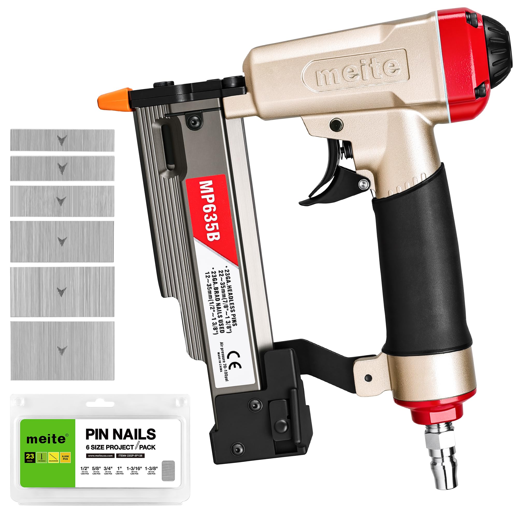 meite MP635B Compressed Air Pin Nailer with 23 Gauge 6,000 Pieces Pin Nails (12m, 15mm, 19mm, 25mm, 30mm, 35mm), Pneumatic 23 Gauge Pin Nailer, Fits 12-35 mm Pin Nails, Ideal for Paneling, Small Trim