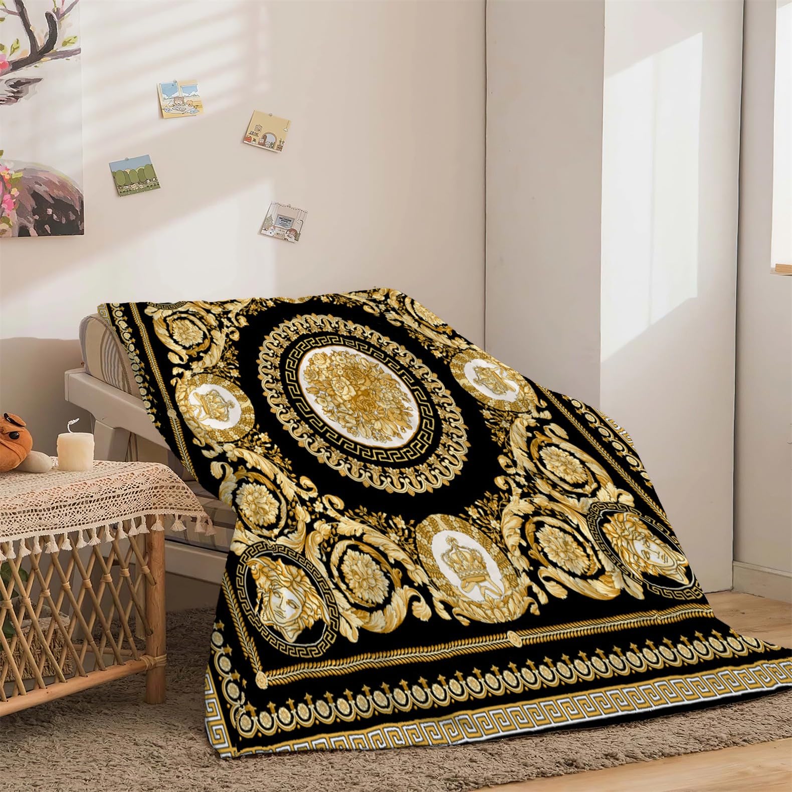 Kuscheldecke Goldenes Retro-Muster Flauschig Fleecedecke als Sofadecke Couchdecke Wohndecke Weiche & Warme Sofaüberwurf Decke 180 x 200 cm
