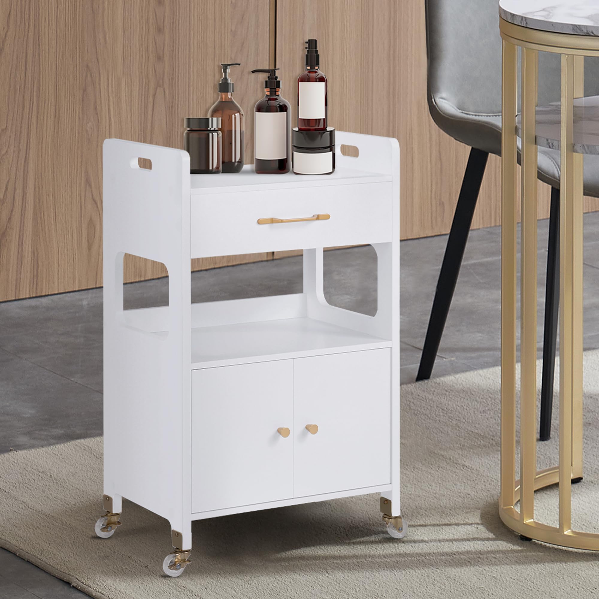 M MCombo Chariot de service avec roues et tiroirs, chariot de coiffure blanc, avec 2 étagères, trolley de salon pour salle de bain, salon, 0055-N