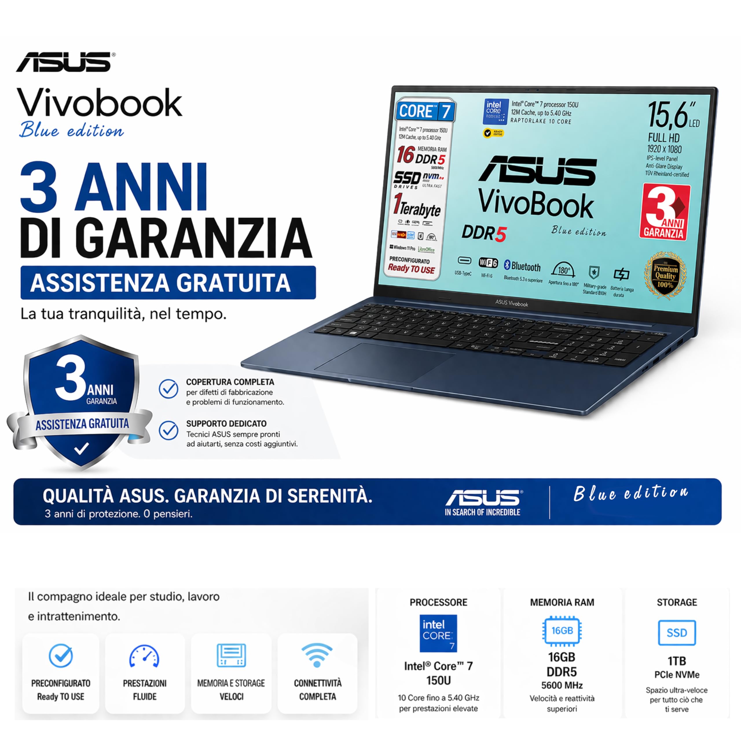 ASUS Notebok Vivobook, Intel Core 7 150u 10Core, DDR5 Ram 16Gb, SSD Pci Nvme da 1 Tb, WI-FI 6, Webcam, Usb3.2, Hdmi, Bt5.3, tastiera qwerty, Garanzia 3 anni, Blue Edition, Preconfigurato