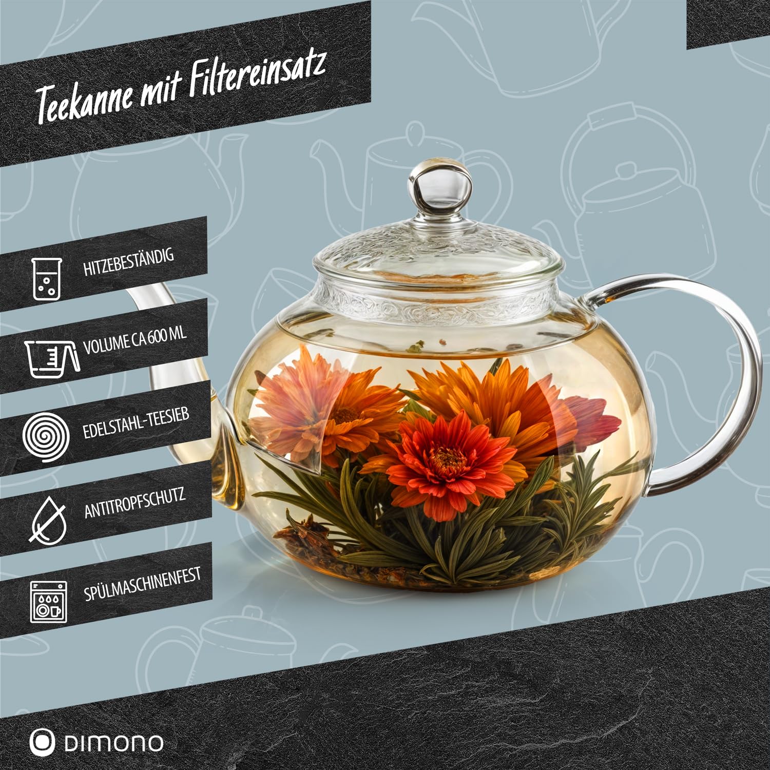 DIMONO® Szklany Dzbanek do Herbaty 600 ml z Sitkiem i Filtrem | Szklane czajniczki - szkło borokrzemianowe, ręcznie dmuchane, z pudełkiem prezentowym - idealny na prezent