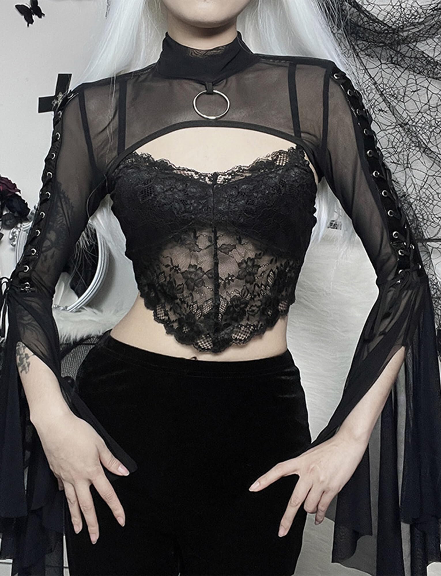 SEAUR Gothique Boléro Lace Shrug à Manches Longues Dame Boléro en Dentelle Noir Punk pour Femme Cardigan Lolita Ados Fille