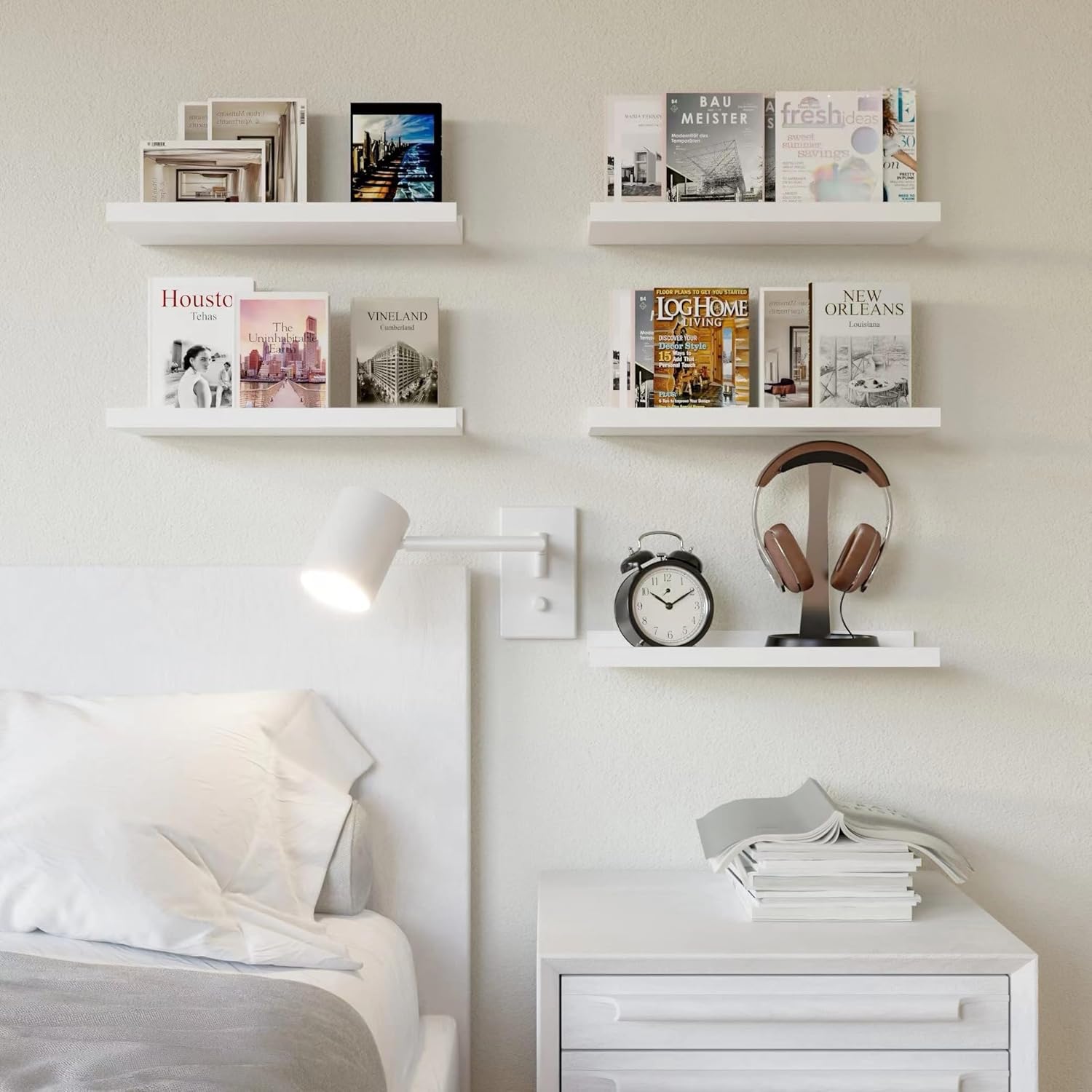 5ps 15.7 Inch Long Floating Bookshelf for Kids Room Black Wall Mounted Shelves with Lip for Storage, Display Picture Ledge Shelf for Bedroom Bathroom Kitchen Living Room Wall Decor White