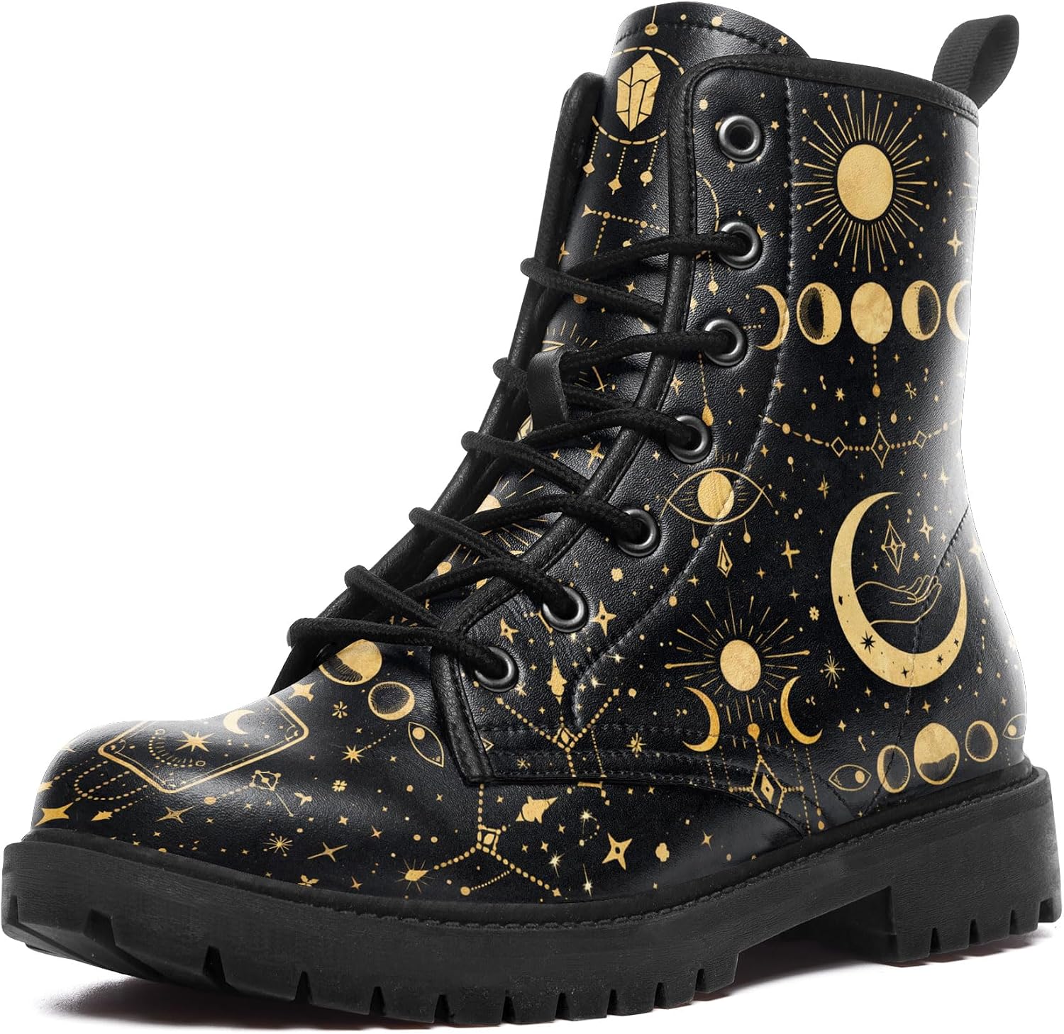 Moon Phase Graphic Combat Boots for Women, Black Lace-Up Street Ankle Boots Witchy Platform Booties