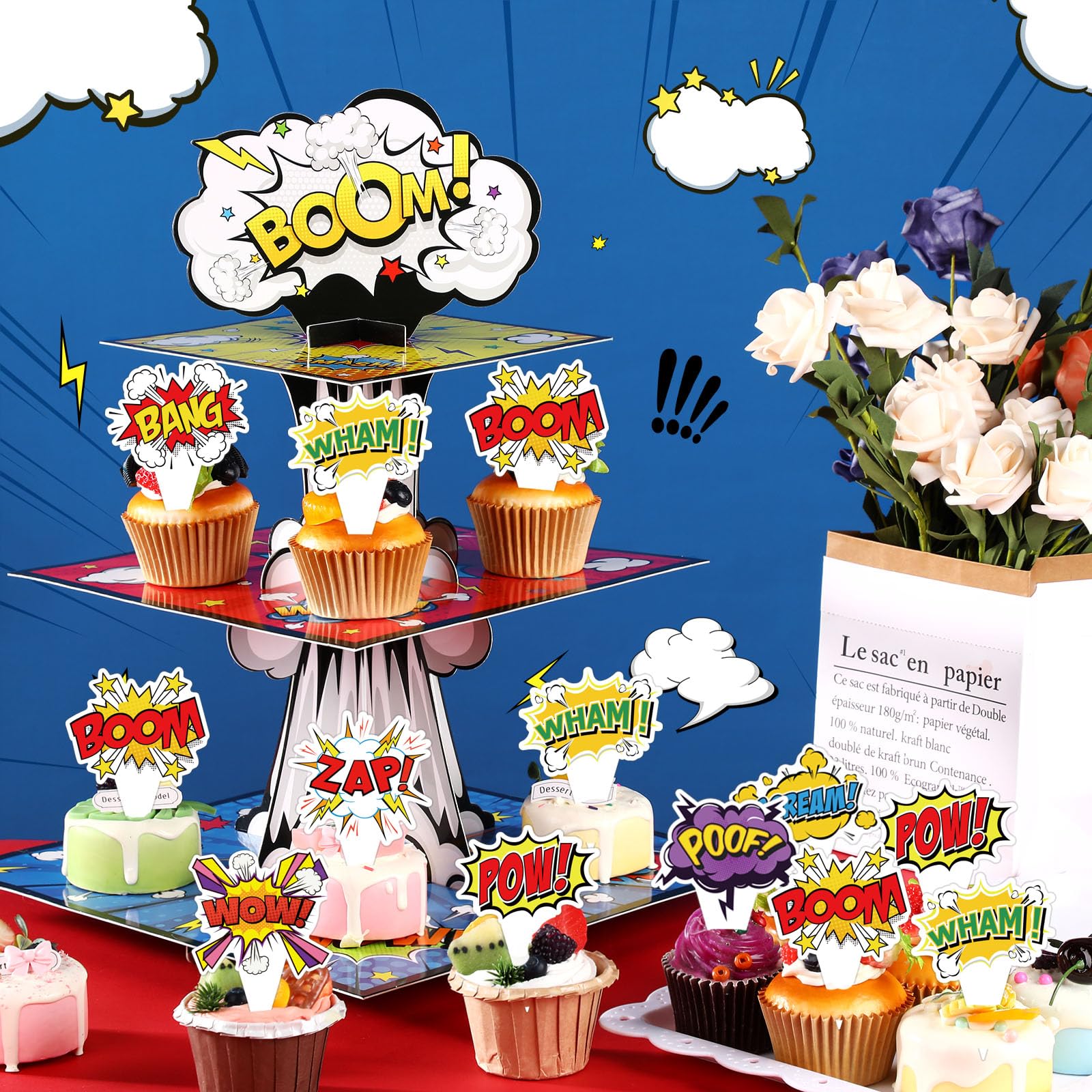 Zopeal Alzata per cupcake a 3 livelli con 24 decorazioni per cupcake a fumetti, espositore per dessert, decorazioni per feste di compleanno o baby shower per bambini, bomboniere per fumetti