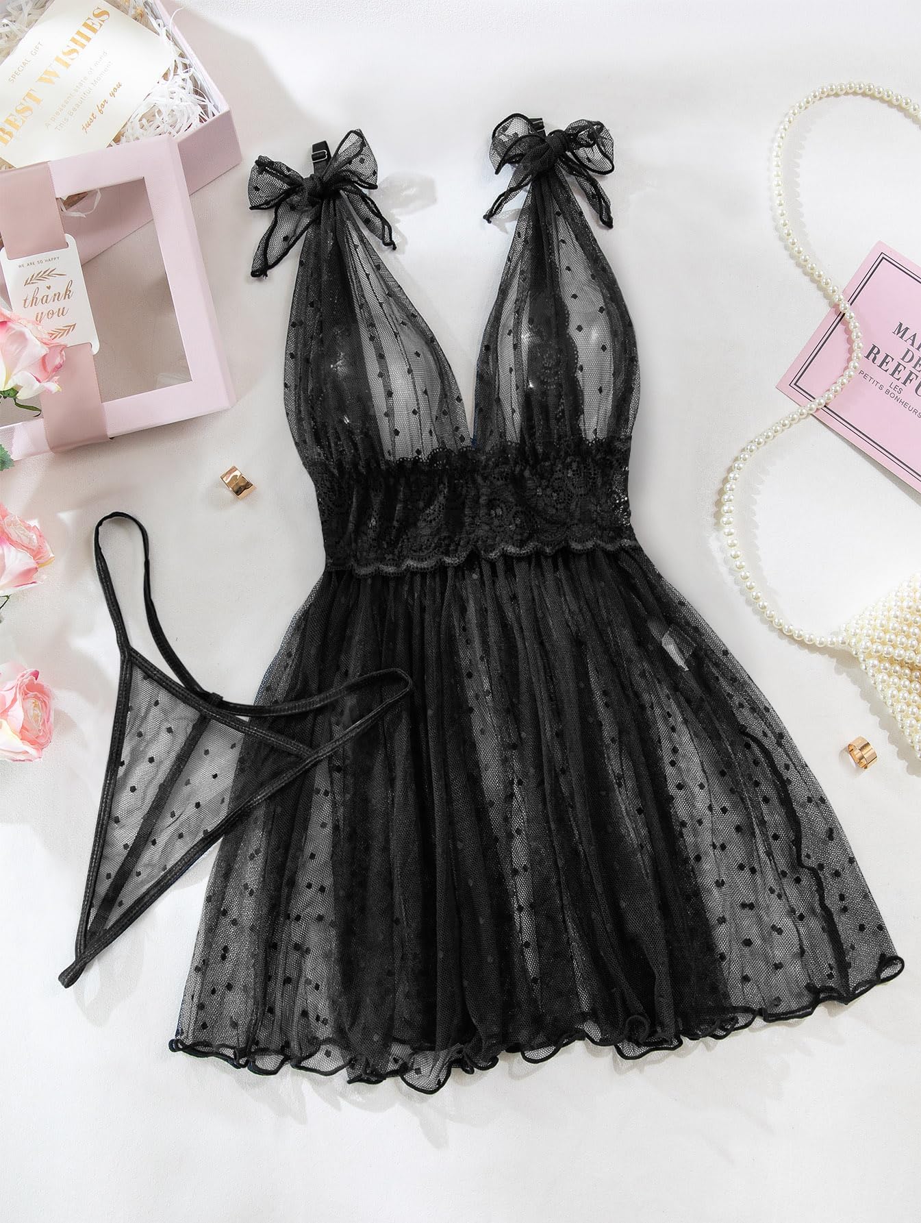 Lilosy Sexy Polka Dots Mesh Sheer Lace Babydoll Chemise Lingerie Set Floral Sleep Wear: 3X-Large Black