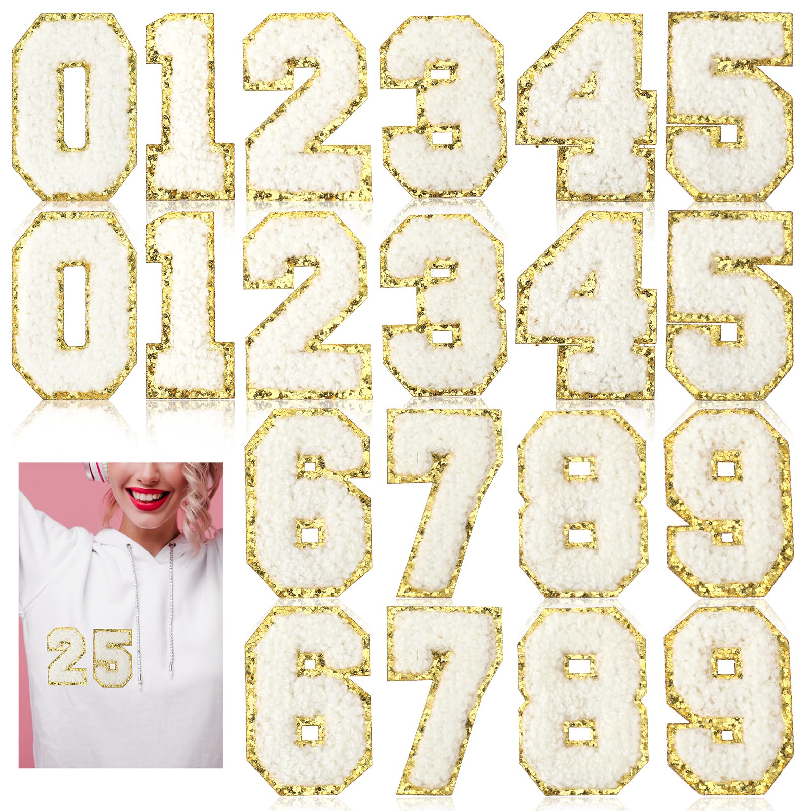 Molain 20 Pcs Patches Number Chenille for Clothing, Self Adhesive Embroidery 0-9 Number Patches with Glitter Sequins 2.2 Inch Iron On Numbers Patches for Team Uniform Sports T-Shirt Jeans Bags Decos