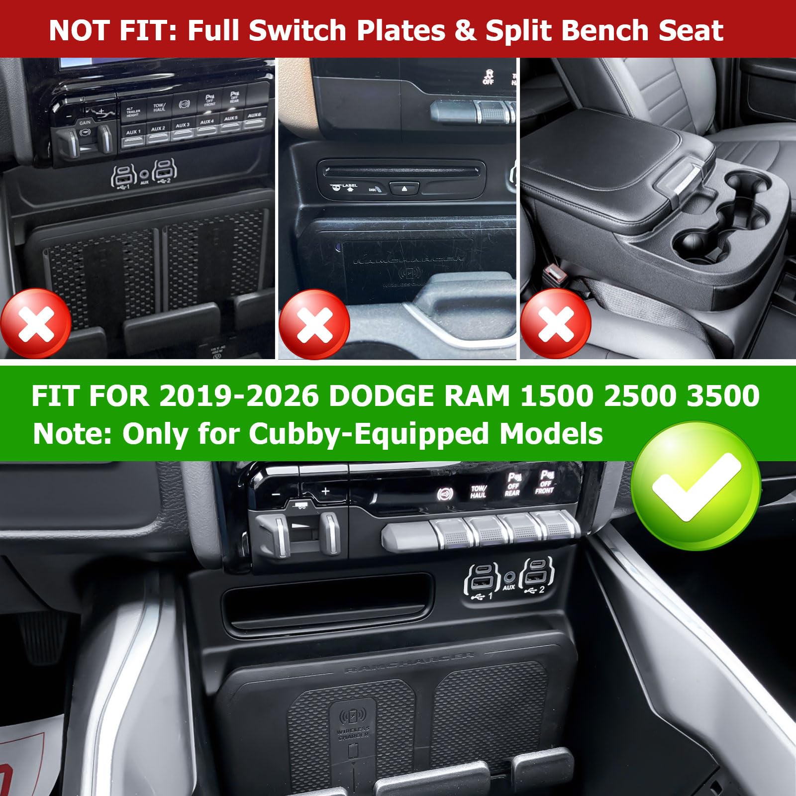 RUNROAD Center Console Organizer Tray Compatible with 2019-2024 2025 2026 Dodge Ram 1500 2500 3500 Accessories, Armrest Drawer Tray Console for Ram 1500 2500 3500 Hidden Drawer, Cubby Models Only - 2