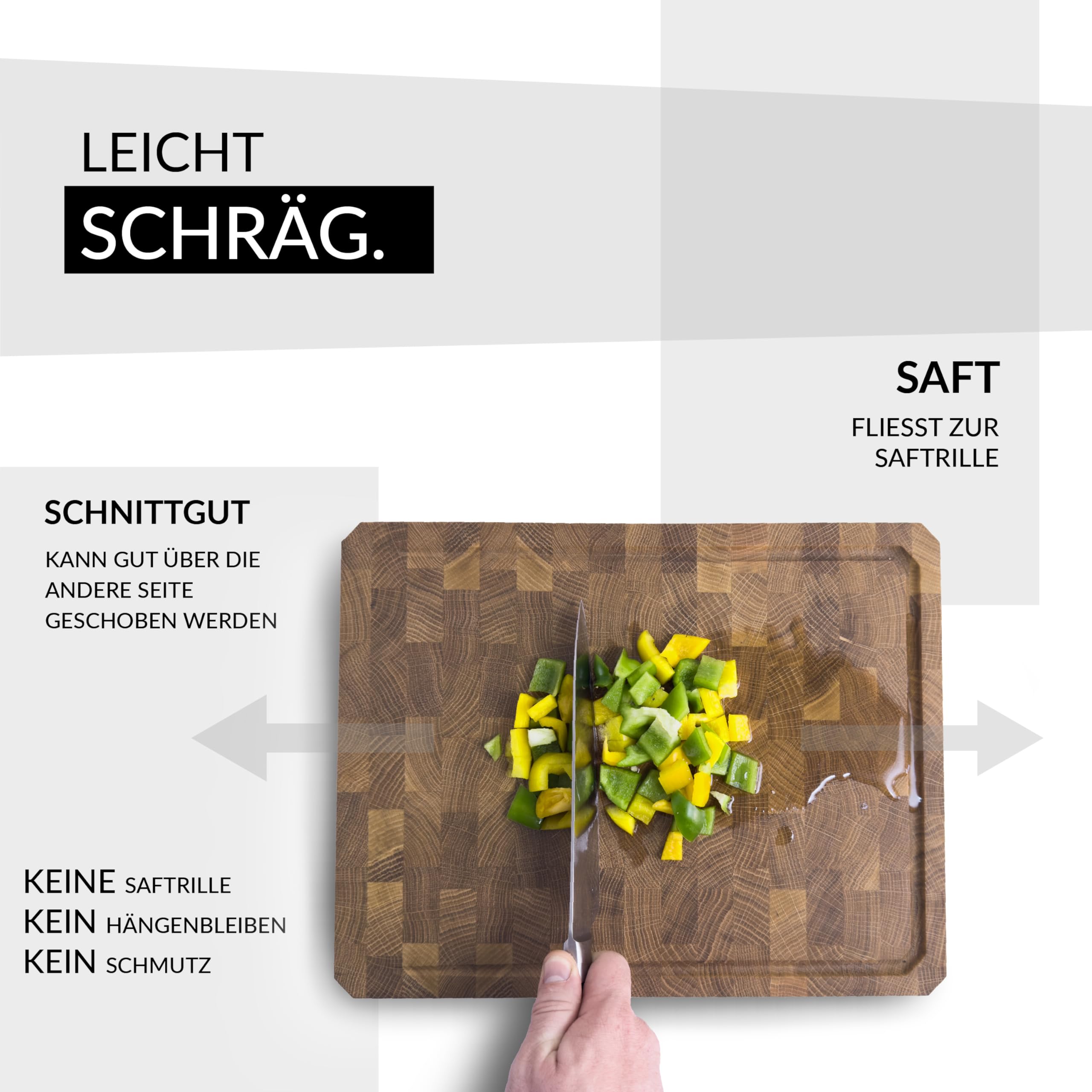 MADE IN GERMANY - KHYL® Das schräge Schneidebrett - Echtholz EICHE- 40x30x4 cm extra groß- Hirnholz Stirnholz - Extra dick, massiv – Hackbrett – Hackblock – Butcherblock