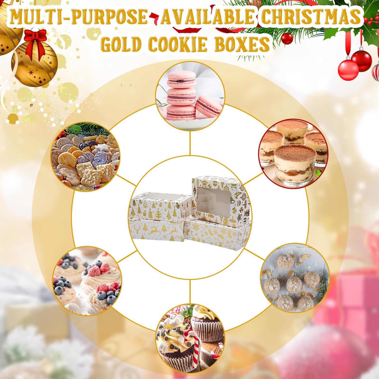 Honoson 24 scatole per biscotti di Natale con finestra, 22,9 x 16,3 x 8,1 cm, in lamina d'oro, scatole da forno bianche, per Natale, fiocchi di neve, albero di Natale, alci, campane, scatole per