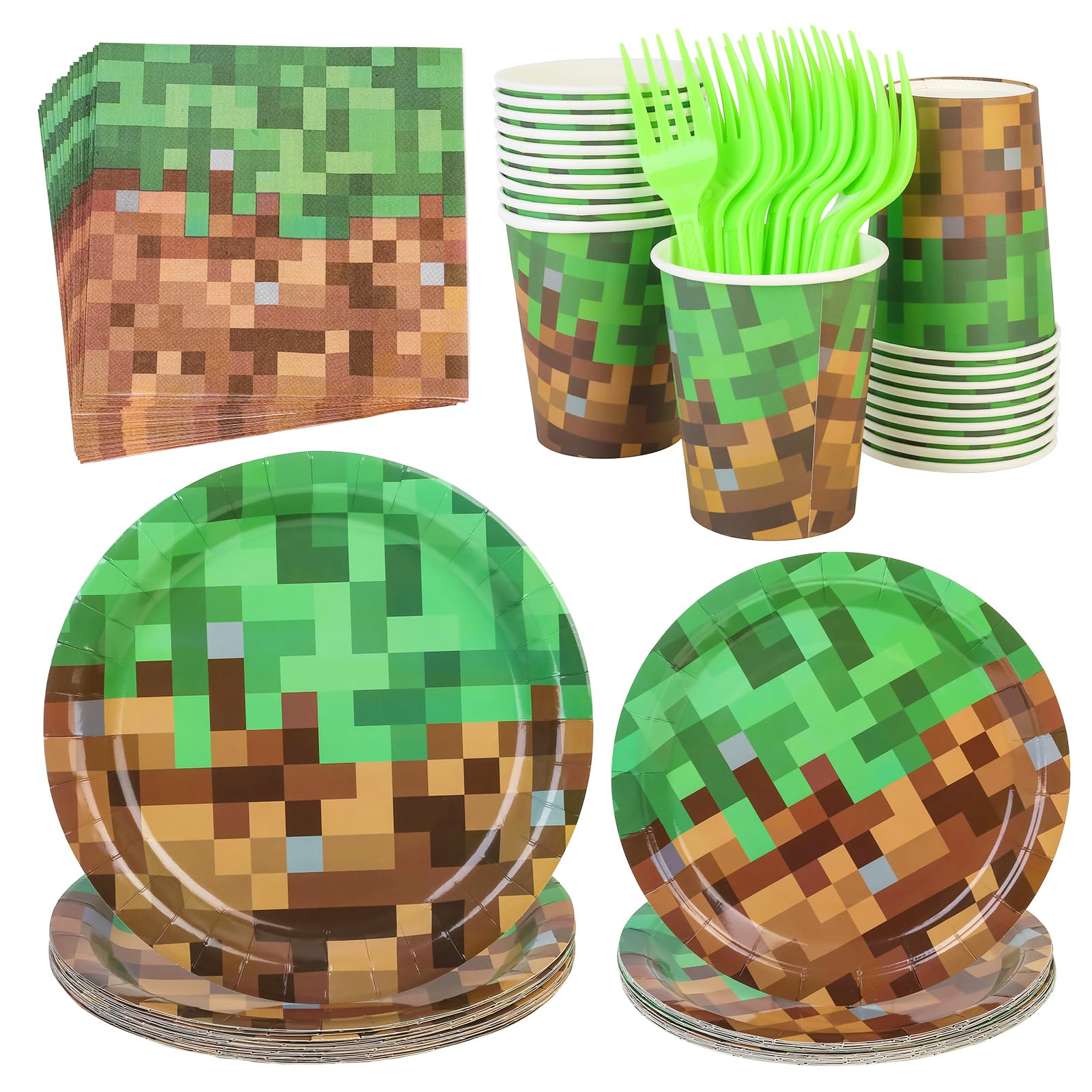 100 PCS Pixel Gaming Party Supplies Set - Including Plates, Cups, Napkins and Forks for 20 Guests, Pixel Themed Birthday Party Decoration