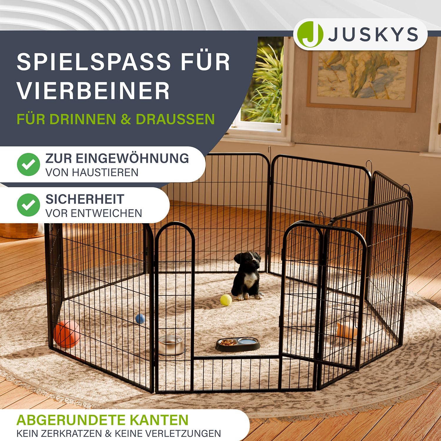 Juskys Welpenauslauf Plus 160x160x80 cm - Welpenlaufstall 8-teilig aus Metall - Freigehege mit Tür - Welpengitter für Hunde, Hasen & Kleintiere