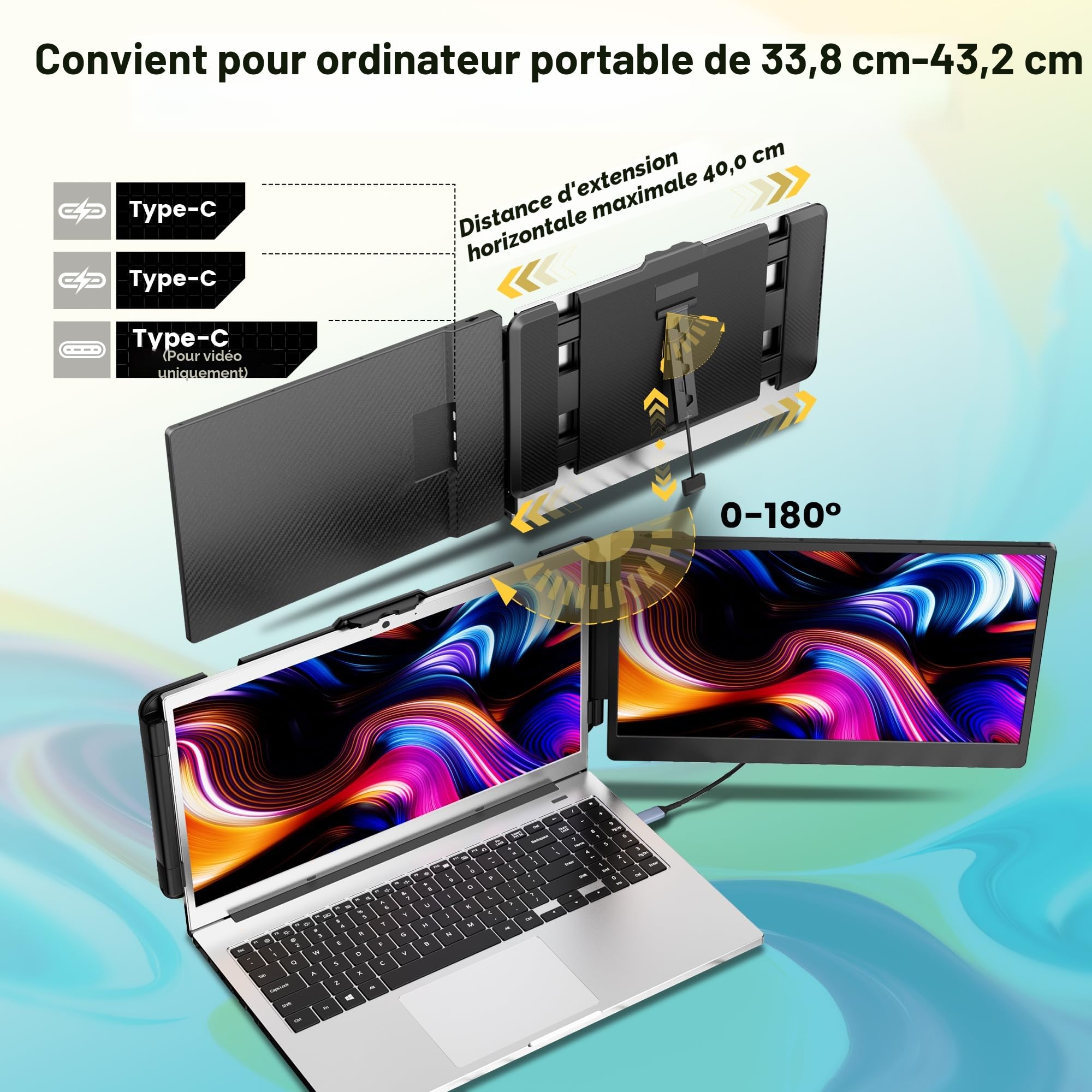 domyfan Moniteur pour Ordinateur Portable, 14.1" 1080P FHD Double Extension D'écran pour Ordinateur Portable, Plug and Play, pour Windows, Mac, Chrome, Android, Xbox, Switch, PS5, avec 13.3 "-17"