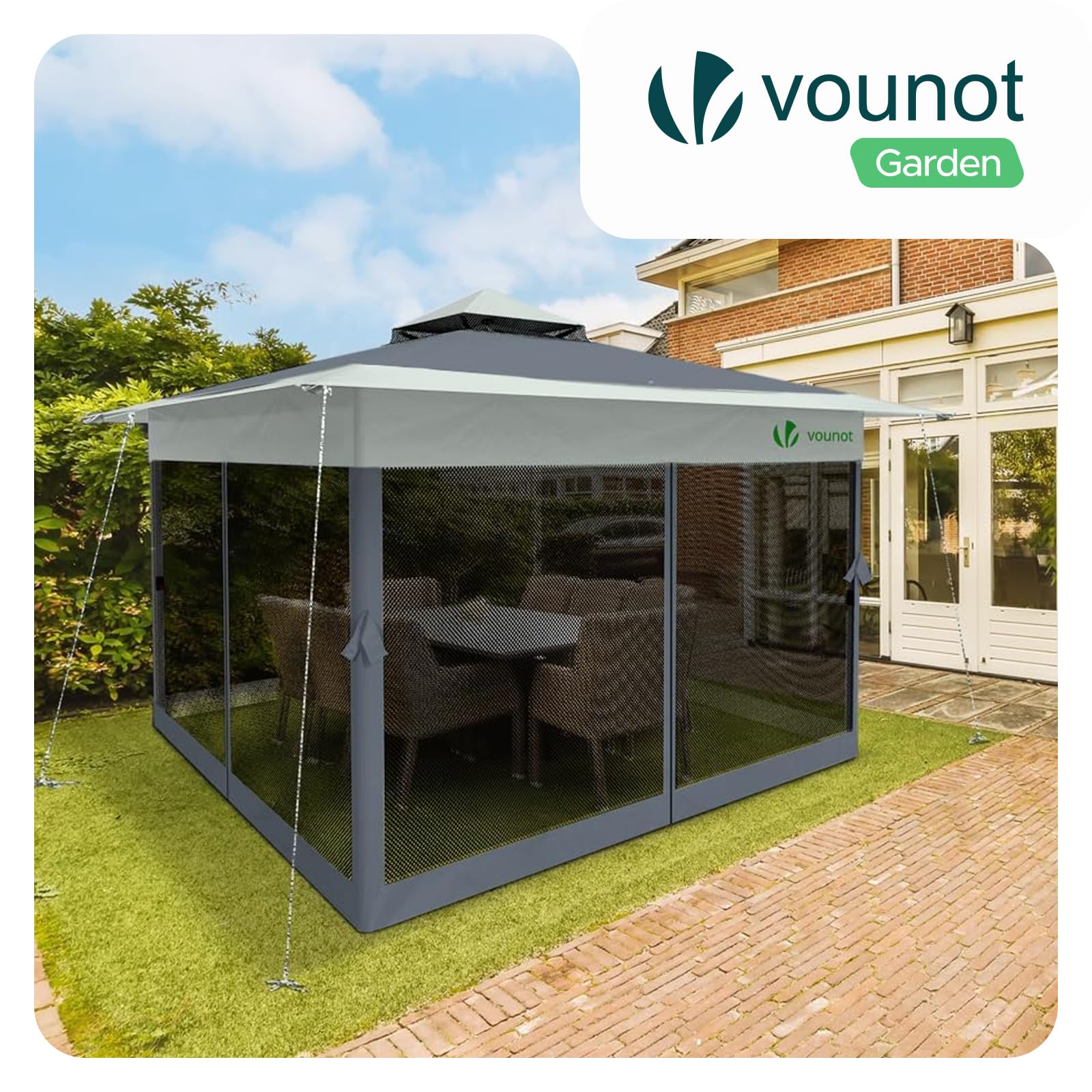 VOUNOT® Carpa Plegable Gazebo 3.6x3.6m con Laterales de Malla, Cenador Pabellón Pop Up de Jardín Techo Doble y Bolsas de Arena, Protección UV, para Camping, Fiestas, Exterior, Gris
