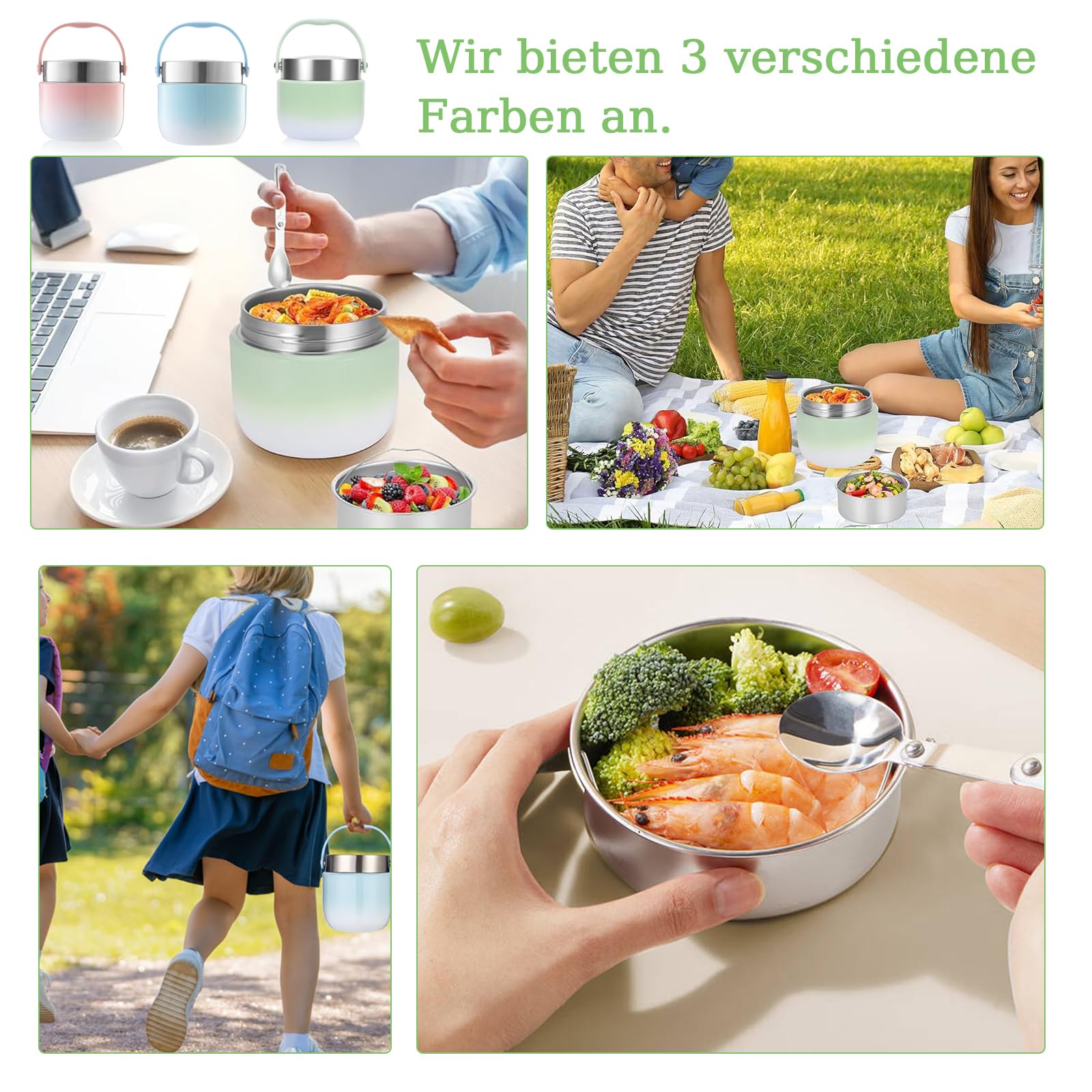 Contenitore Termico per Alimenti, Thermos per Alimenti 1200 ml, con Cucchiaio Pieghevole, Grande Capacità Contenitore Termico di Acciaio Inossidabile, per Campeggio, Palestra, Verde