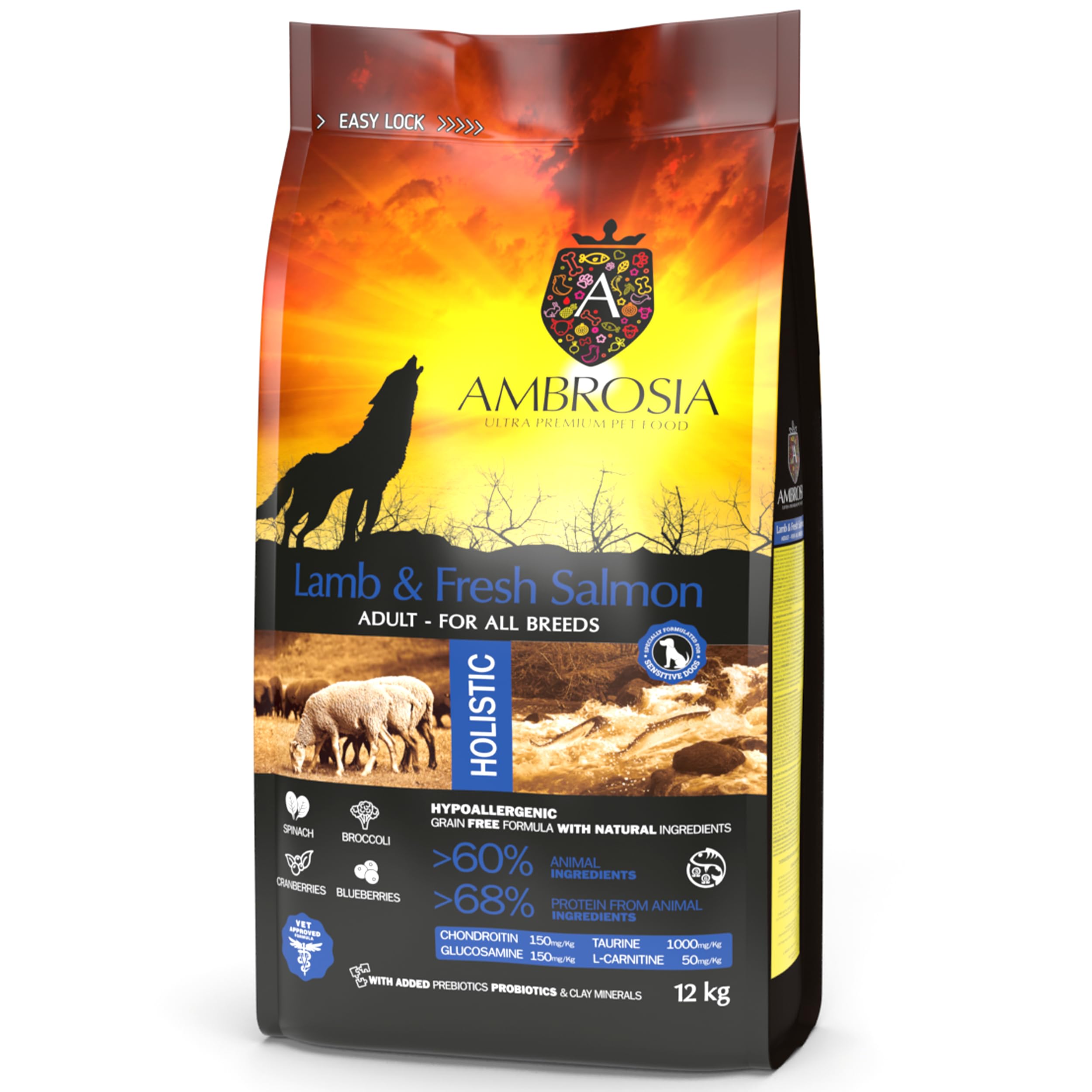 Ambrosia Ultra Premium Pet Food® | Grain-Free All breed Dry Dog Food, 12Kg, Hypoallergenic, High-Protein, Holistic | Lamb & Fresh Salmon, Adult