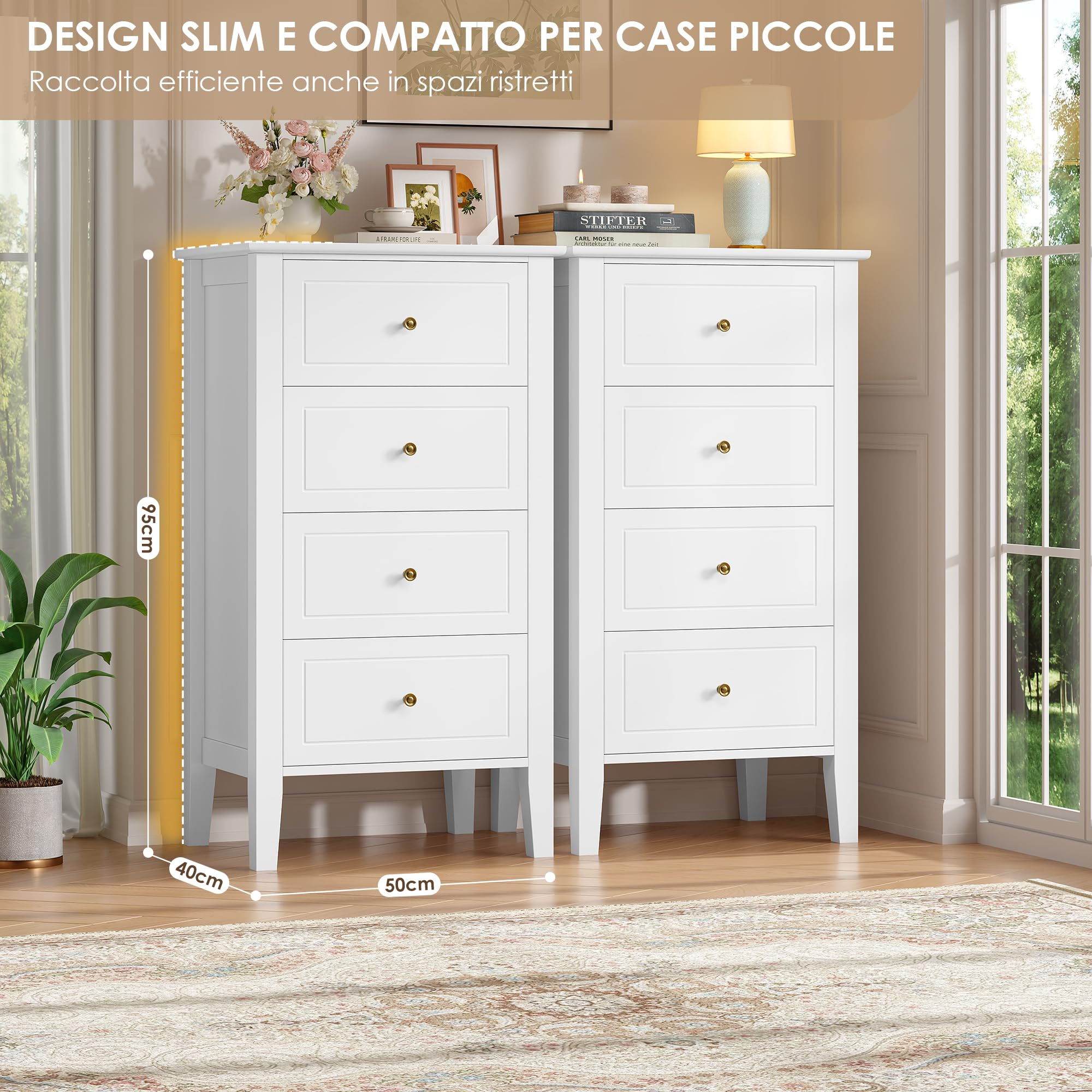 FOREHILL Cassettiera Camera da Letto, Comodino Bianca con 4 Cassetti in Legno, Mobiletto Autoportante per Soggiorno, Corridoio, Cucina 50x40x95 cm