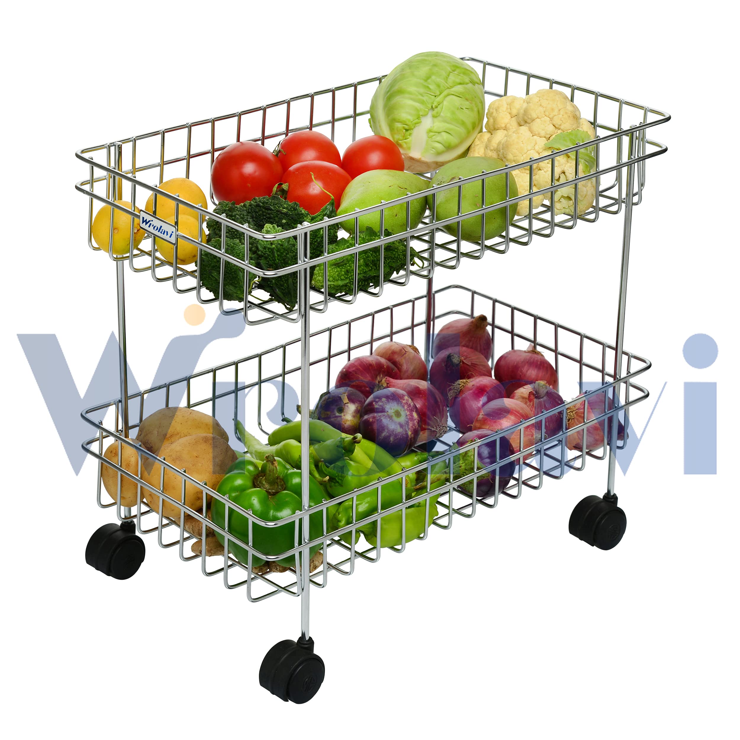 WROLAVI Zinbell Fruit and Vegetable Basket Kitchen Trolley Modern Onion Potato Kitchen Storage Stainless Steel Rack (2 Shelf Trolley)-image-49