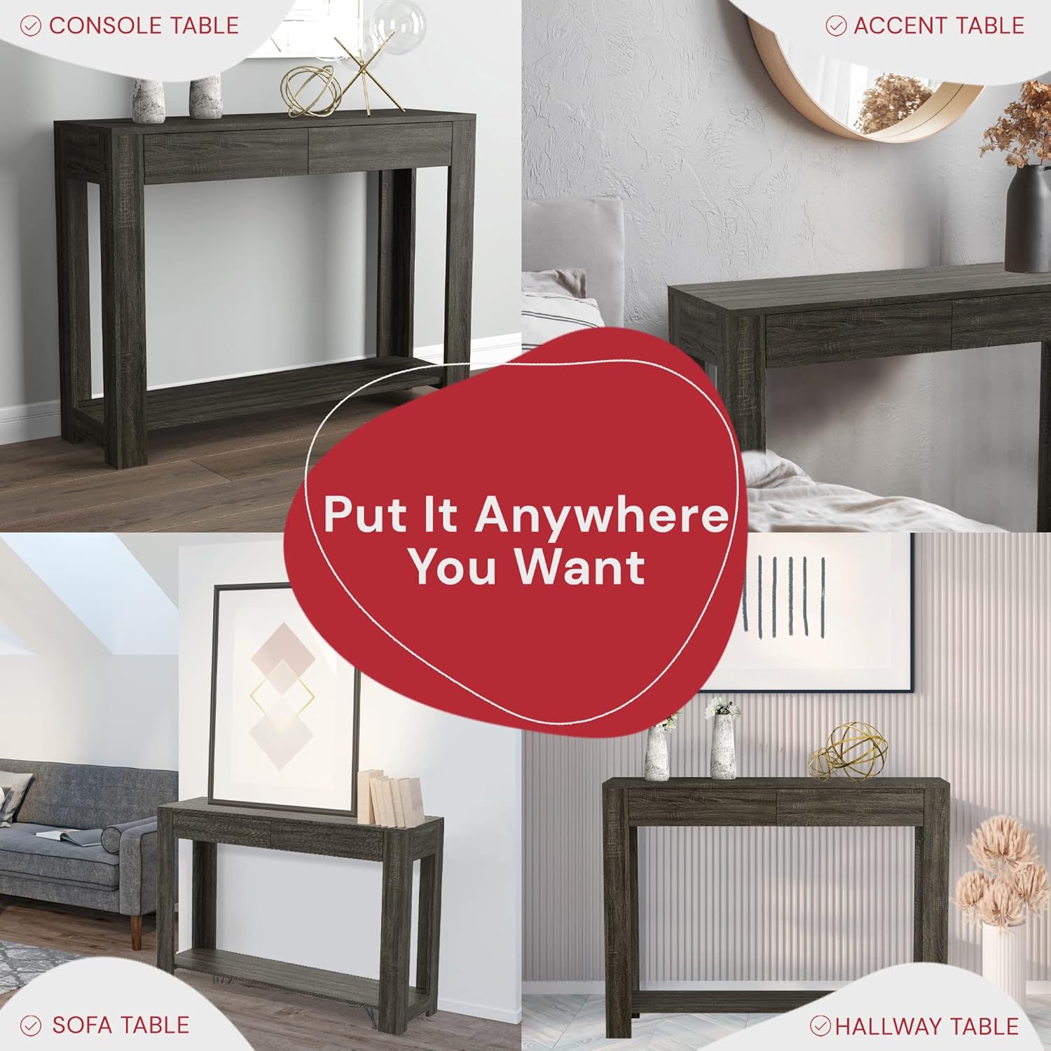 Modern 40"L Dark Grey MDF Console Table with 2 Drawers
