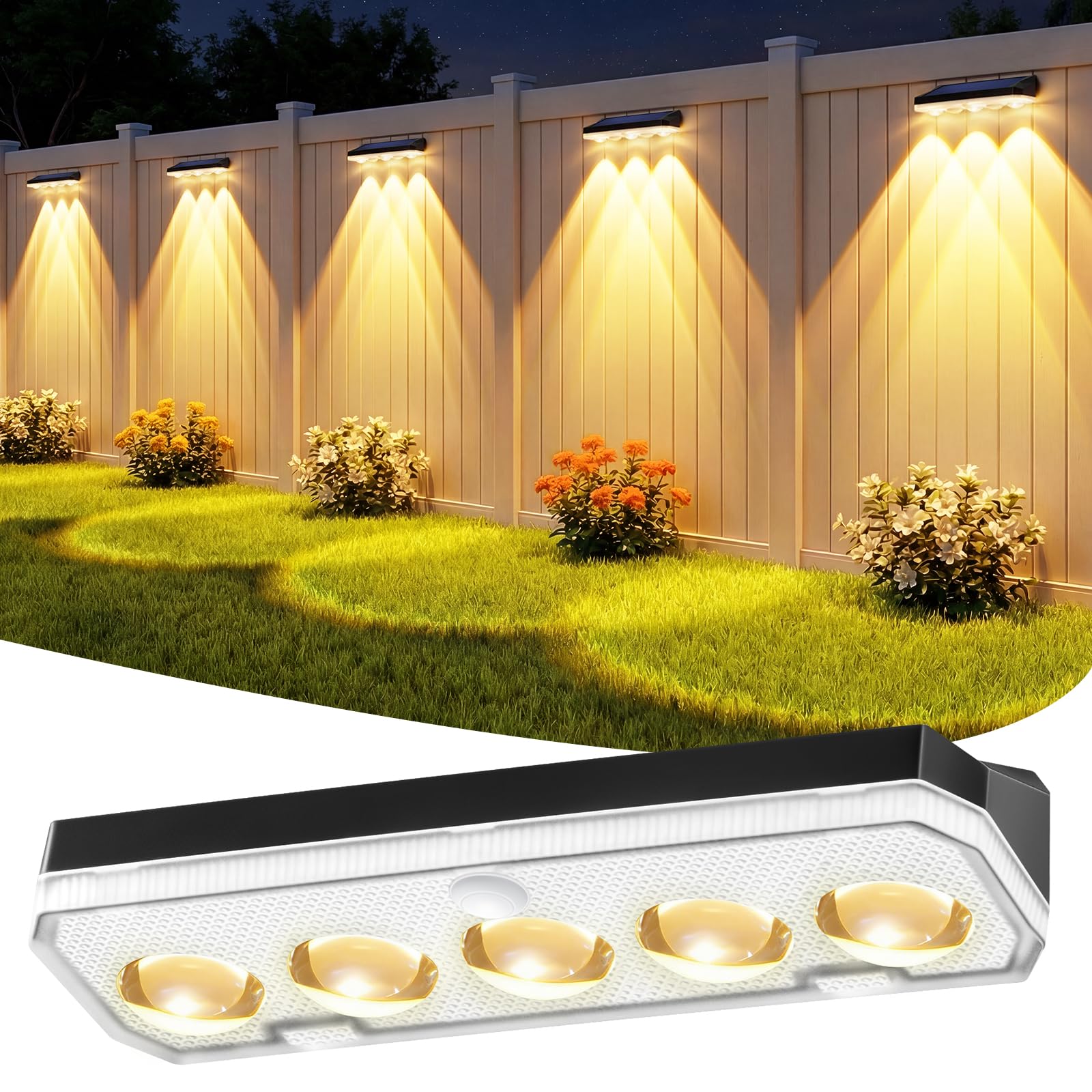 Wonkelly Solar Fence Lights Outdoor, 4 Pack Solar Lights Outdoor Garden Warm White/Cool White& RGB 8 Colors, 5 Lens 40 Lighting Modes, IP65 Waterproof, Outside Wall Light for Garage, Yard, Pathway — view 11