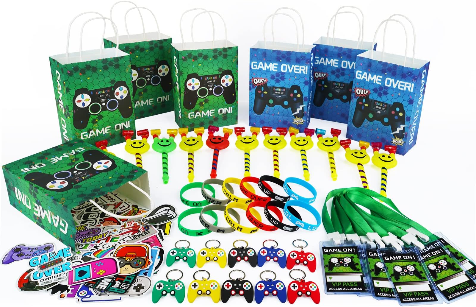 Video Game Party Favors 110pcs Game Birthday Party Supplies with Goodie Bags Stuffers Inclu VIP Pass Lanyards Bracelet Keybuckle Stickers etc for Birthday Party Classroom Prizes and Kids Return Gifts