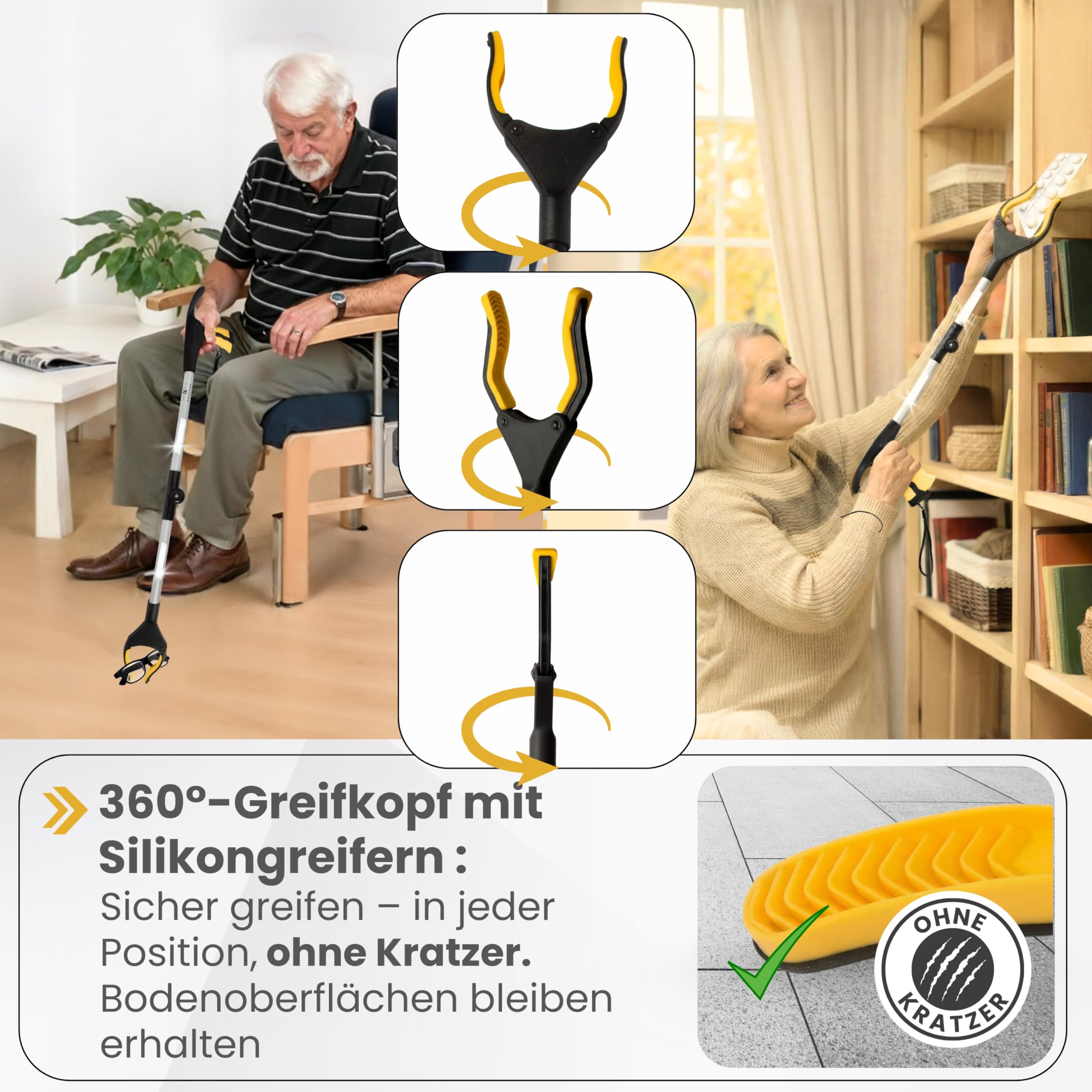 Greifzange für Senioren [80 cm] faltbarer Greifer zum aufheben | Reacher aus Aluminium | Müllzange 360° Drehkopf Magnet | Schuhlöffel lang | Schuhanzieher für Damen Herren | rutschfeste Silikongreifer