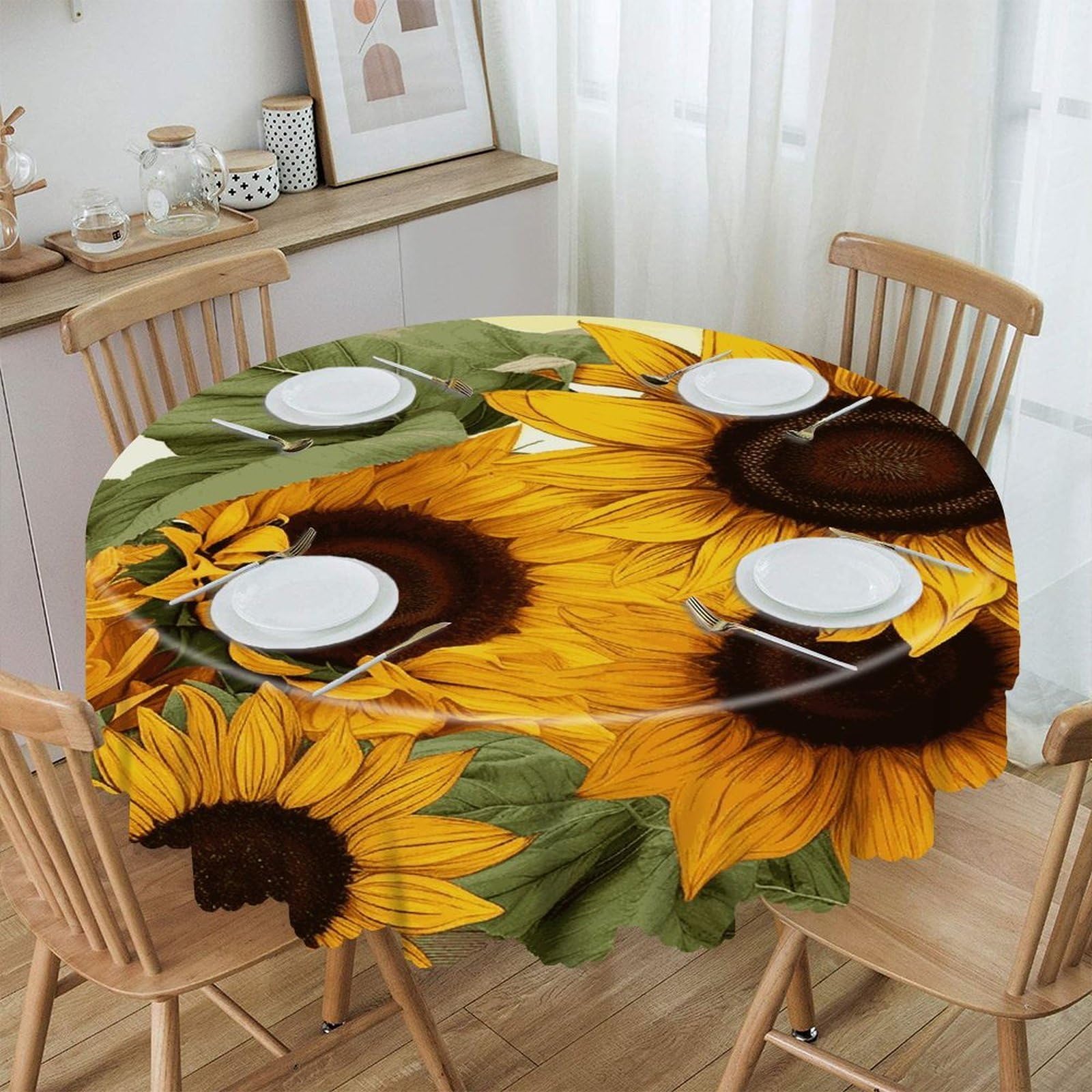 FekiLoot Sunflowers Floral Round Tablecloth Waterproof Spill-Proof Wipeable Table Cloth Wrinkle Free Circle Dining Table Cover for Dining Kitchen Wedding Parties Machine Washable