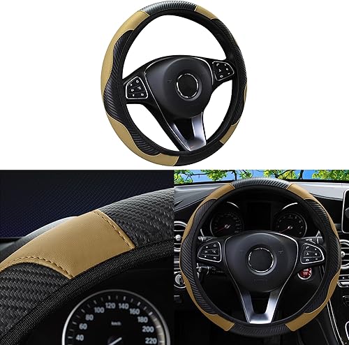 Funda para Volante de Coche, 15 Pulgadas Fibra de Carbono Microfibra Antideslizante Transpirable Cuero PU Elástico Protector de Volante, Accesorios