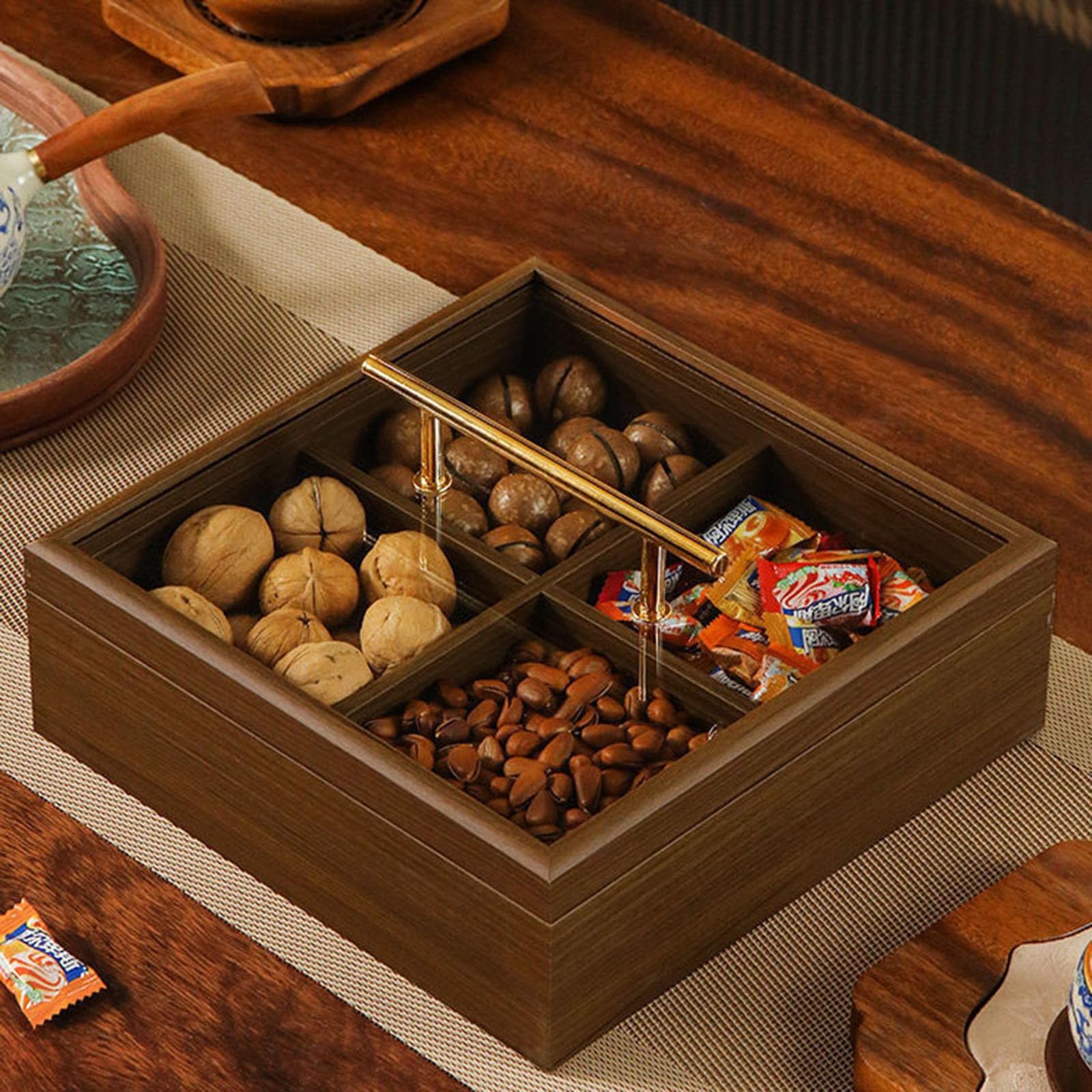 Plateau De Service En Bois Et Verre Avec Couvercle,Plateau De Rangement Séparé En Bois Massif Pour Fruits Secs Et Fruits Secs,Plat De Service Adapté À Maison Bureau Et Mariage