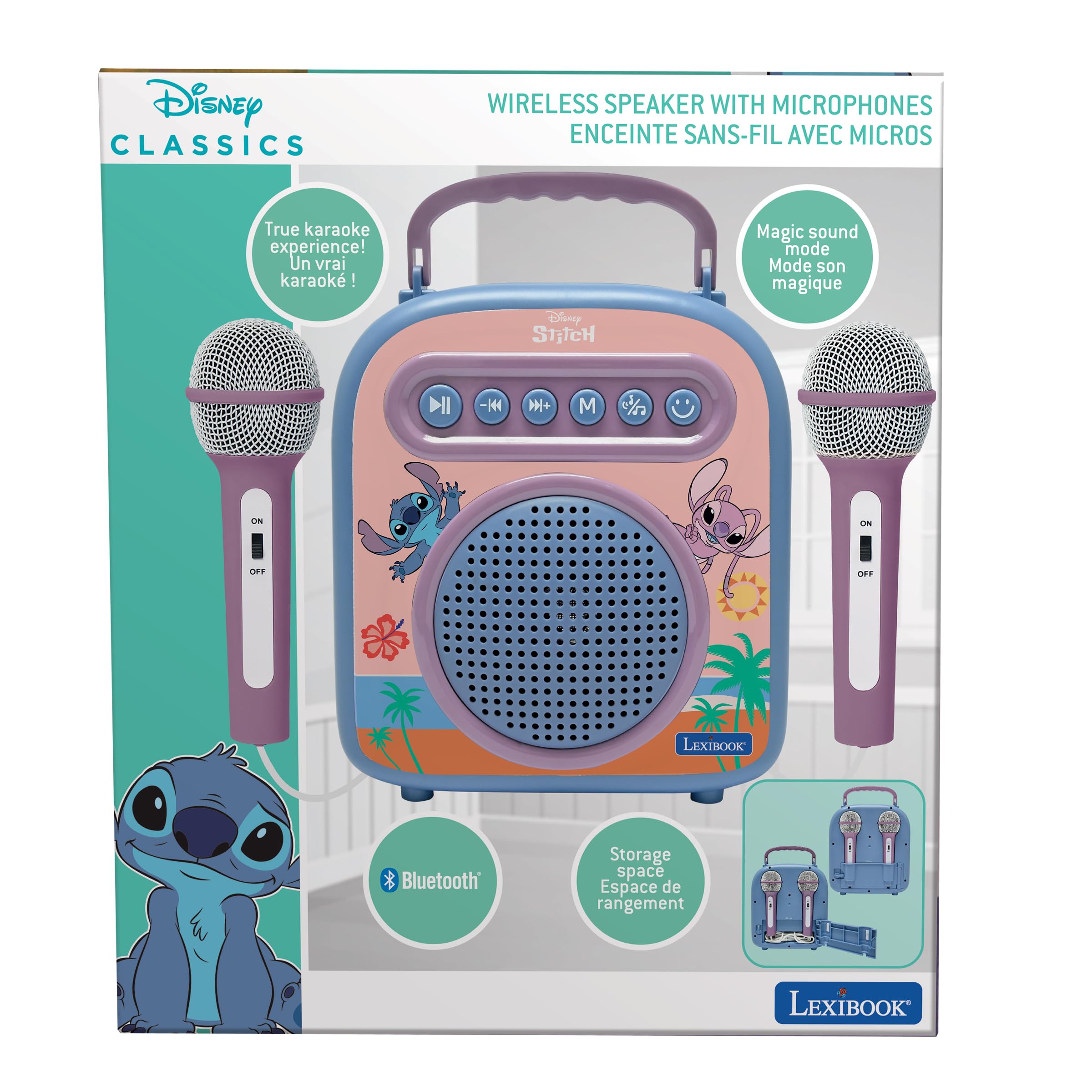 LEXIBOOK, Disney Stitch, Altavoz inalámbrico con 2 micrófonos, Azul, BTC050D