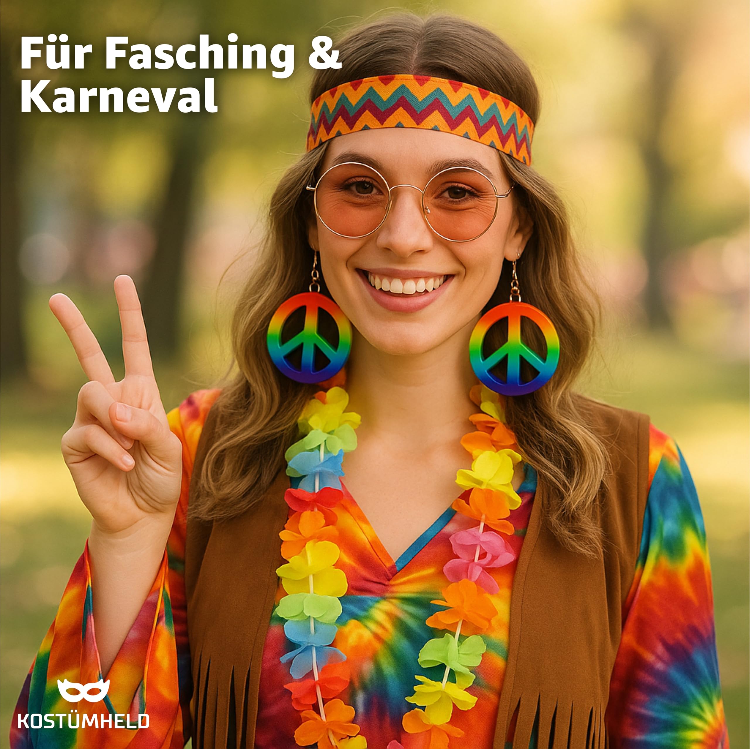 TK Gruppe Timo Klingler Hippie Peace Earrings, Rainbow Peace Pendant for Costume at Carnival Carnival as Costume Accessory - Image 2