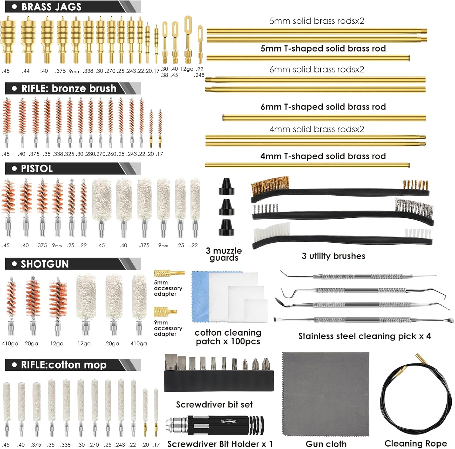 Universal Gun Cleaning Kit Deluxe for All Caliber Pistol Rifle Handgun Shotgun Hunting Cleaning Kits with All Brass Brushes, Rods, Jags, Screwdriver Set and high-end Aluminum Box - Image 2