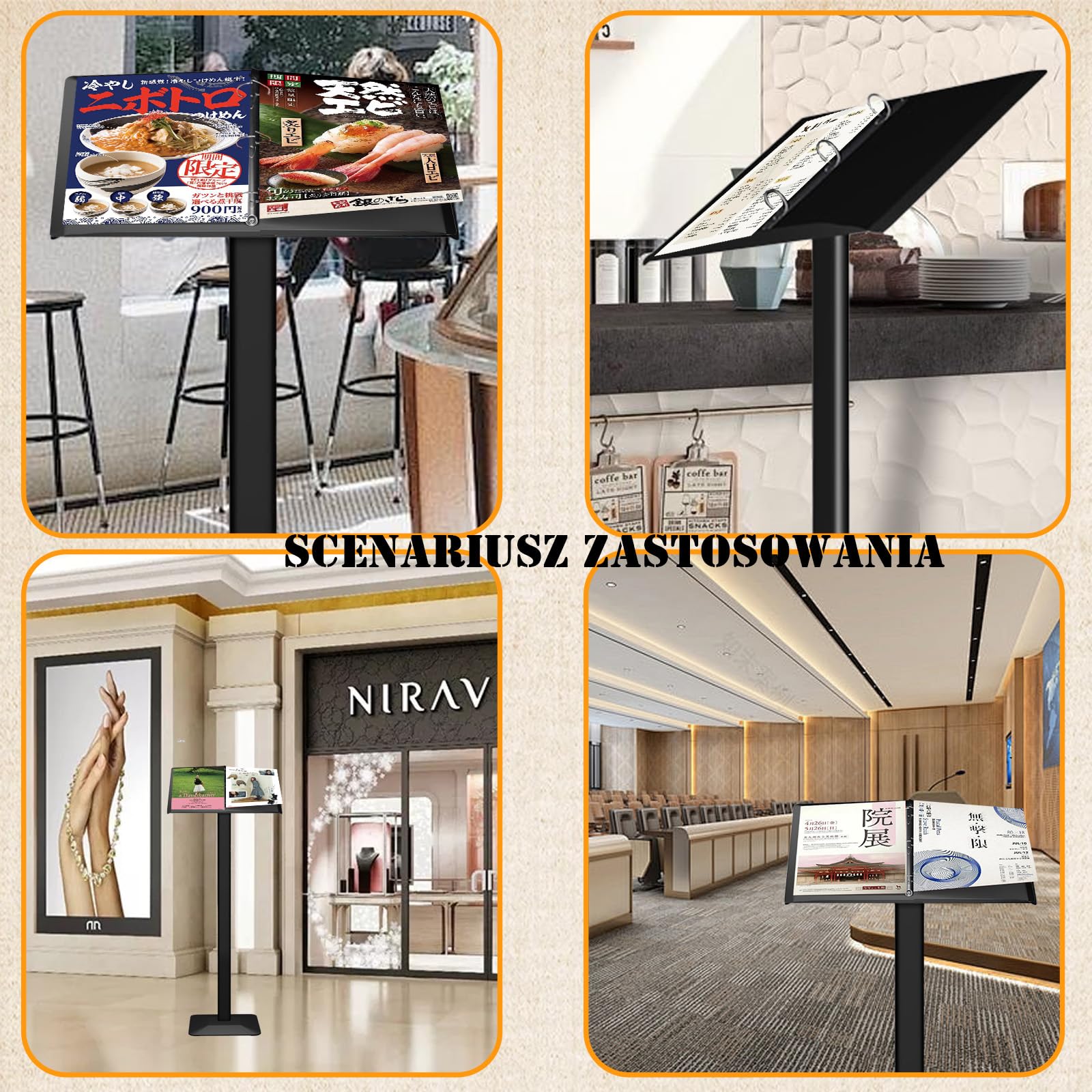 Stojak na informacje, czarny, Rozmiar panelu informacyjnego (490 x 355 mm), stojak reklamowy, stojak na plakaty, Półką na prospekty miejsce na karty menu, Do menu, informacji, broszur (czarny)