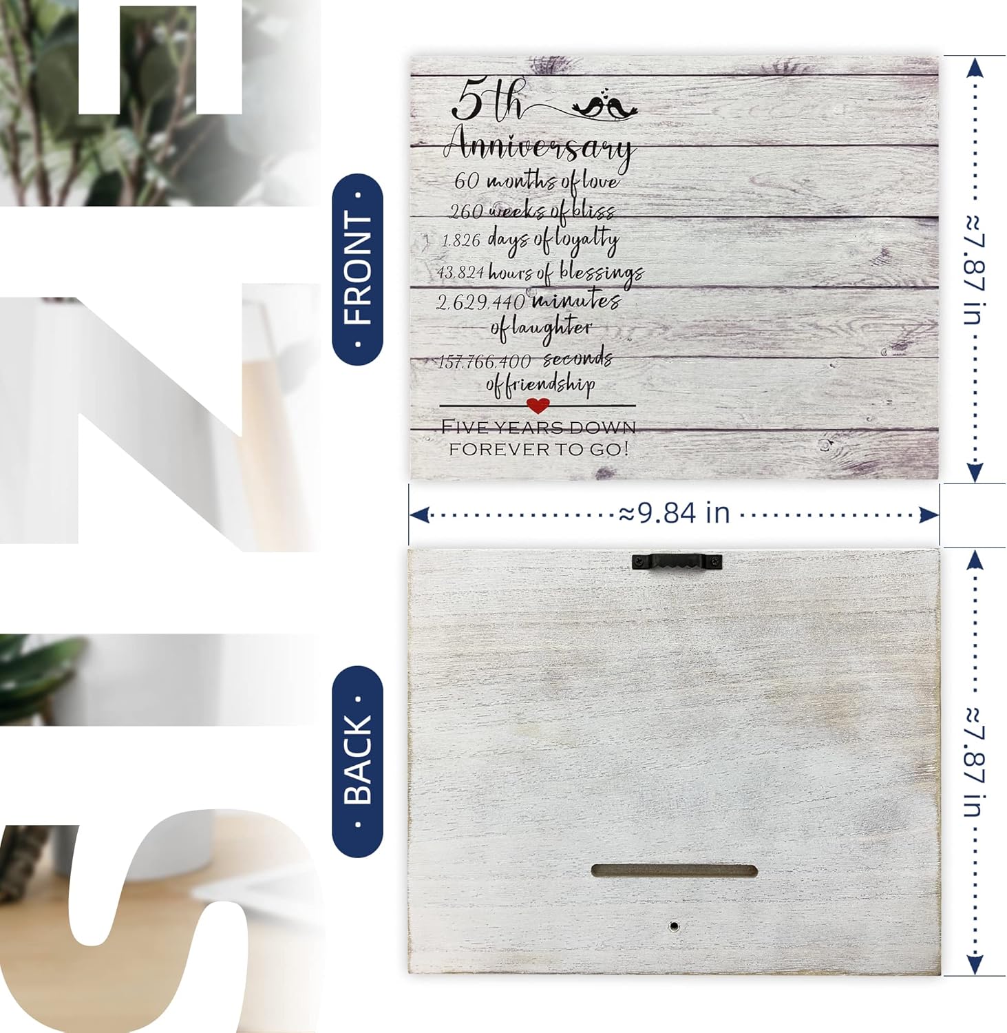 ZENNLAB 5th Anniversary Picture Clip Frame, Gifts for Couple 5th Anniversary, Wife 5th Wedding Anniversary Present from Husband, Gifts for Him/Her Wood Anniversary, Five Years Down Forever to Go - Image 7