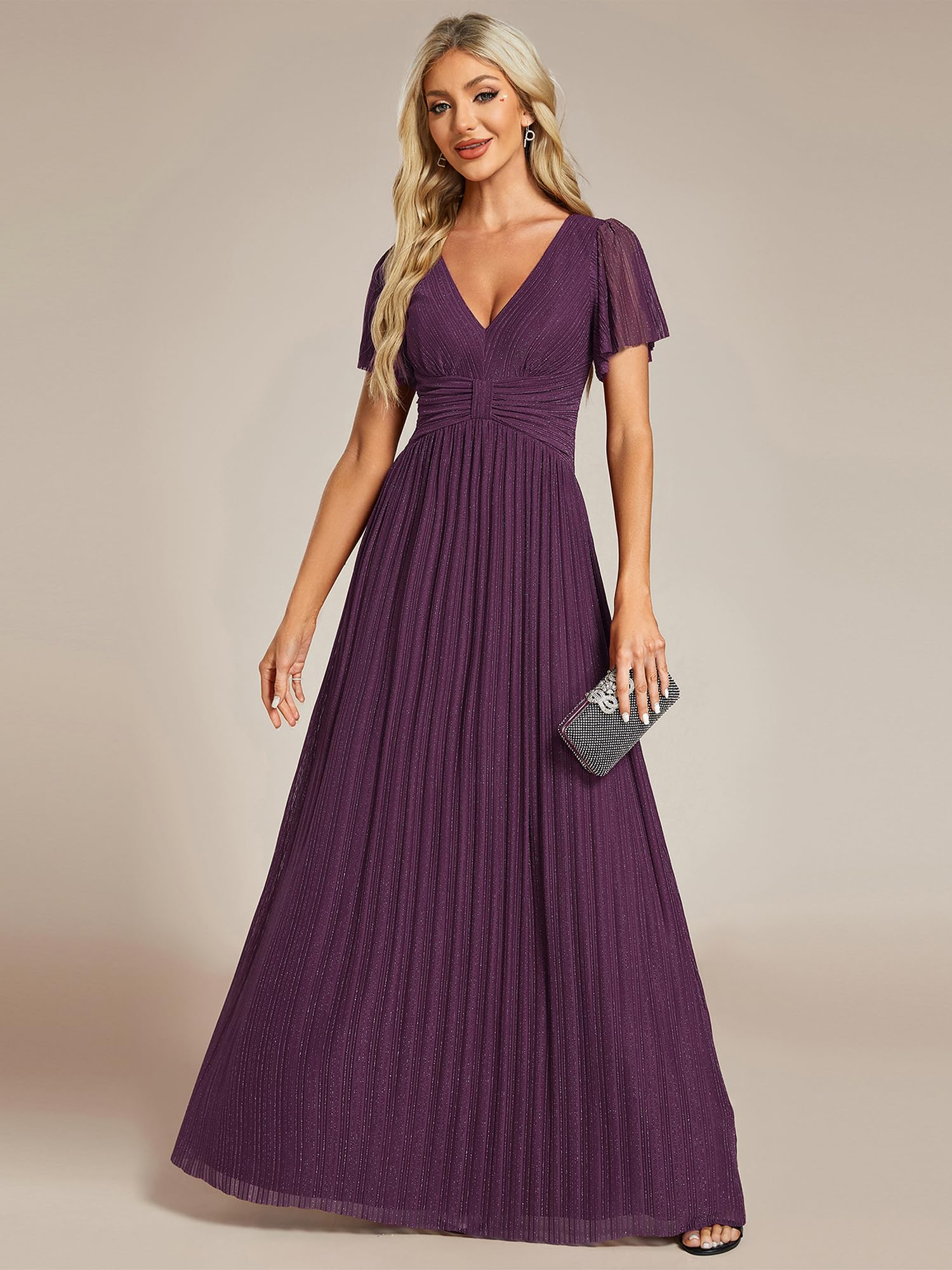 Ever-Pretty Abito da Sera Lungo per Donna, Maniche A Volant, Scintillante, Plissettato, Scollo A V, Vita Impero, Elegante EE11961-P