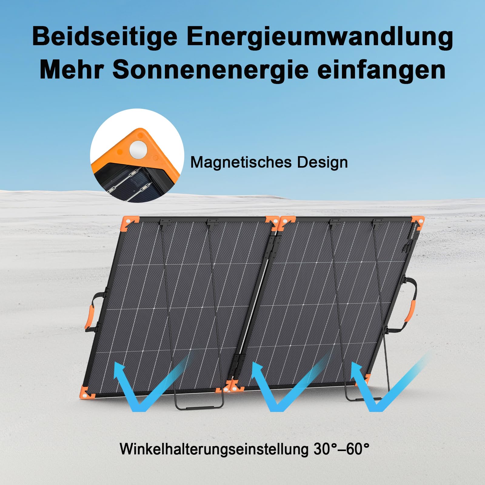 200 Watt Tragbares Solarpanel, 20-V-bifaciales Faltbares Solarladegerät, 23,5% hoher Wirkungsgrad für Kraftwerke, IP68 wasserdicht mit 2 stabilen Stützen für Wohnmobile