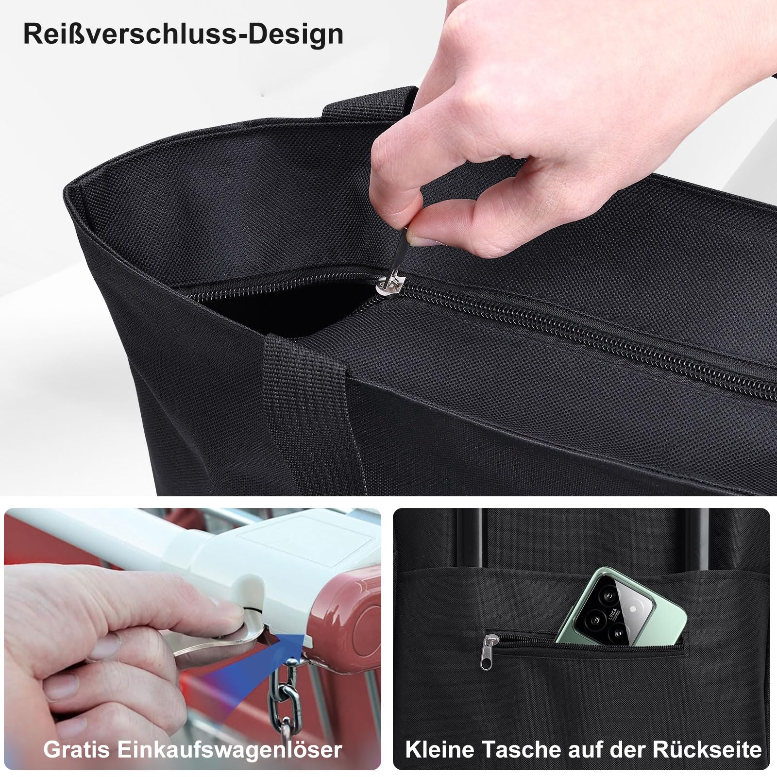 MOONCY 2-in-1 Einkaufstrolley, 30L Große Einkaufstasche auf Rollen, Leichter Einkaufswagen Klappbar für Camping und Reisen, Inklusive Einkaufswagenlöser, Schwarz