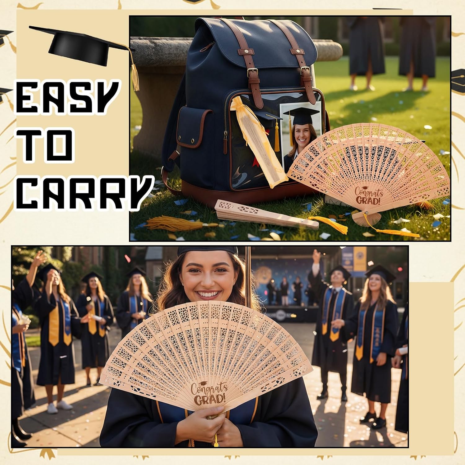 24 Pcs Vintage Graduation Wooden Hand Fans, 2026 Graduation Handheld Folding Fans, Congrats Grad Party Favors for Celebrate Class of 2026 School Students and Teachers